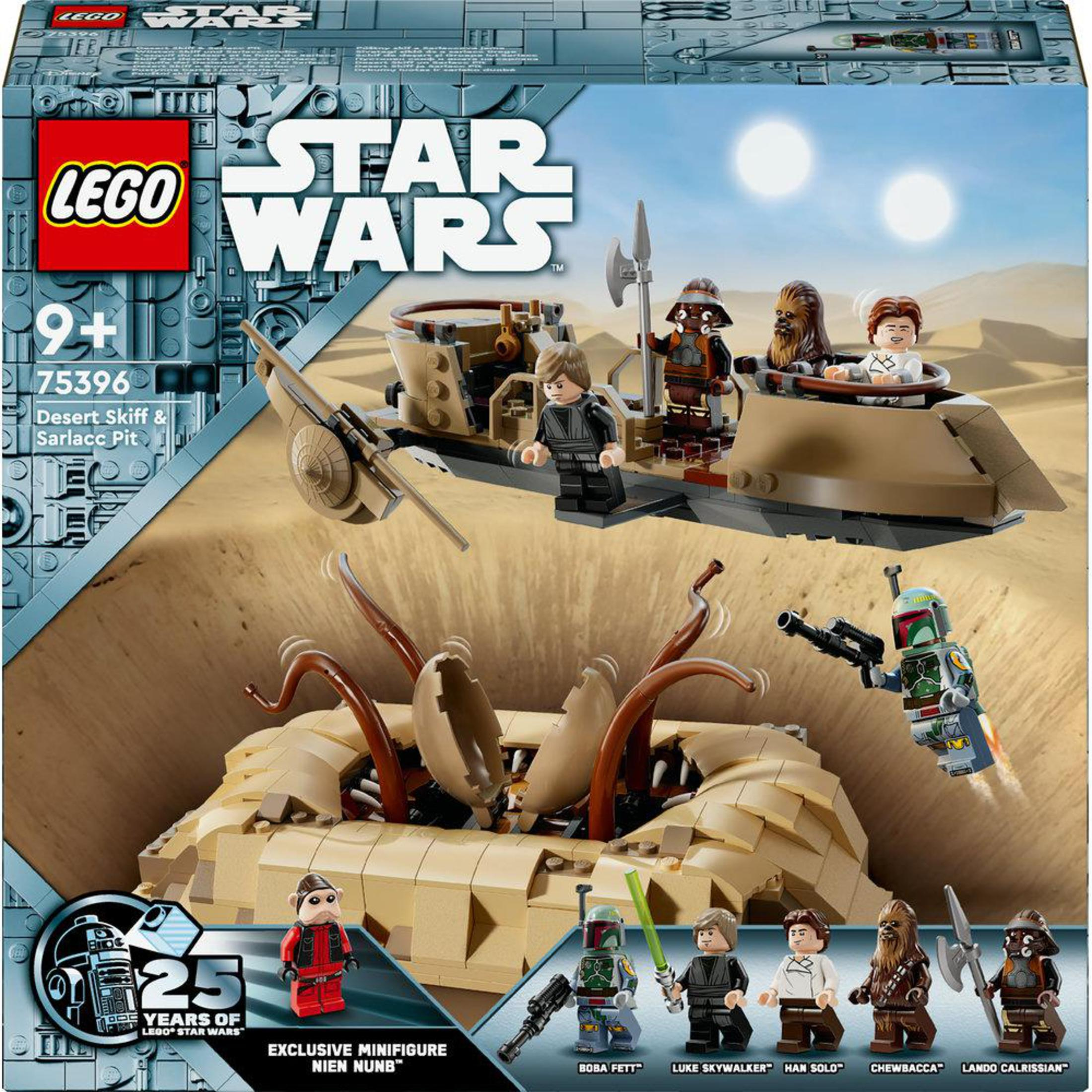 Zestaw Lego Star Wars, z postaciami i sceną pustynną. Zawiera dół Sarlacca.