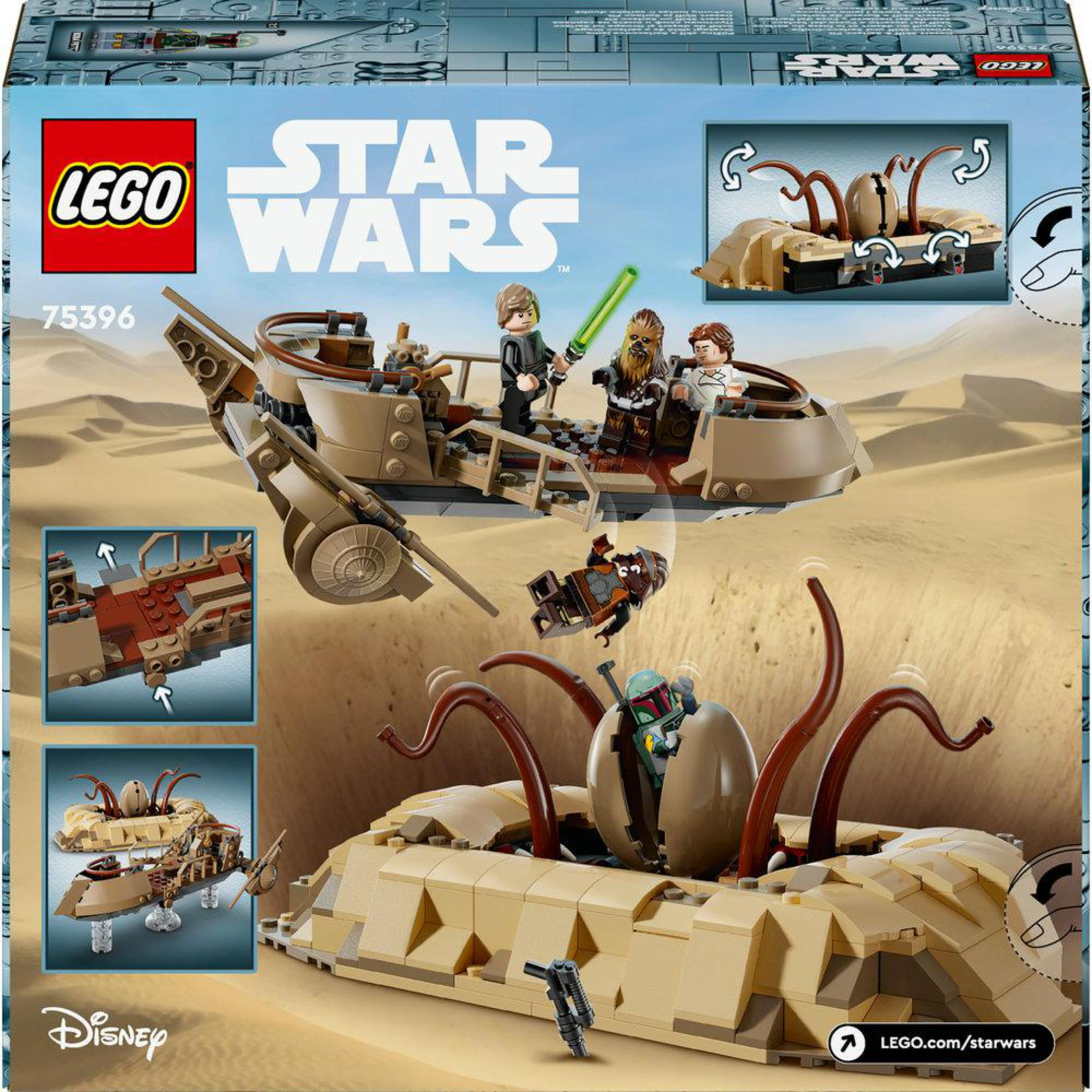 Zestaw Lego Star Wars przedstawiający pojazd piaskowy z figurkami i potworem.