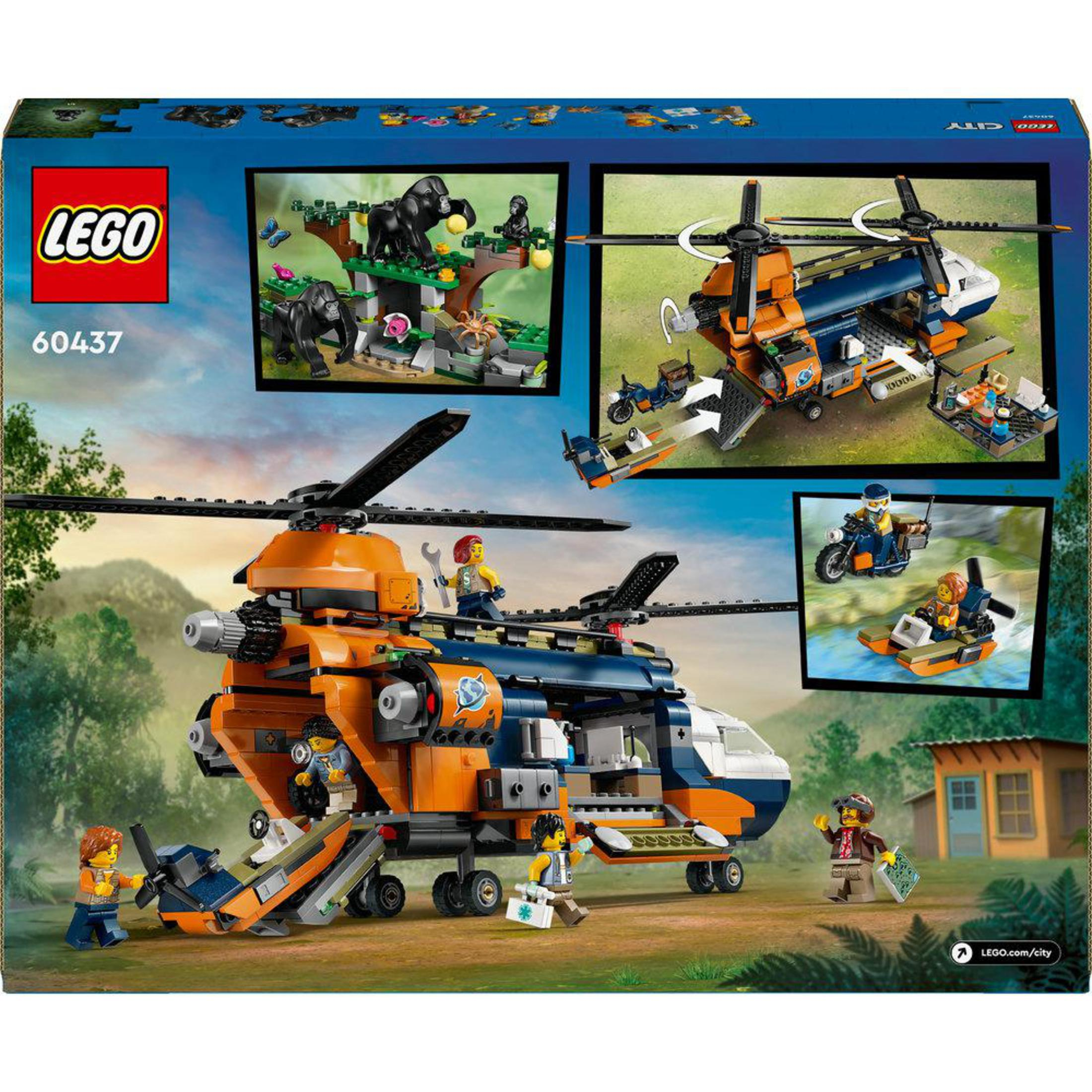 Pudełko LEGO City, pokazujące helikopter, figurki i sceny. Tło to zielone drzewa.