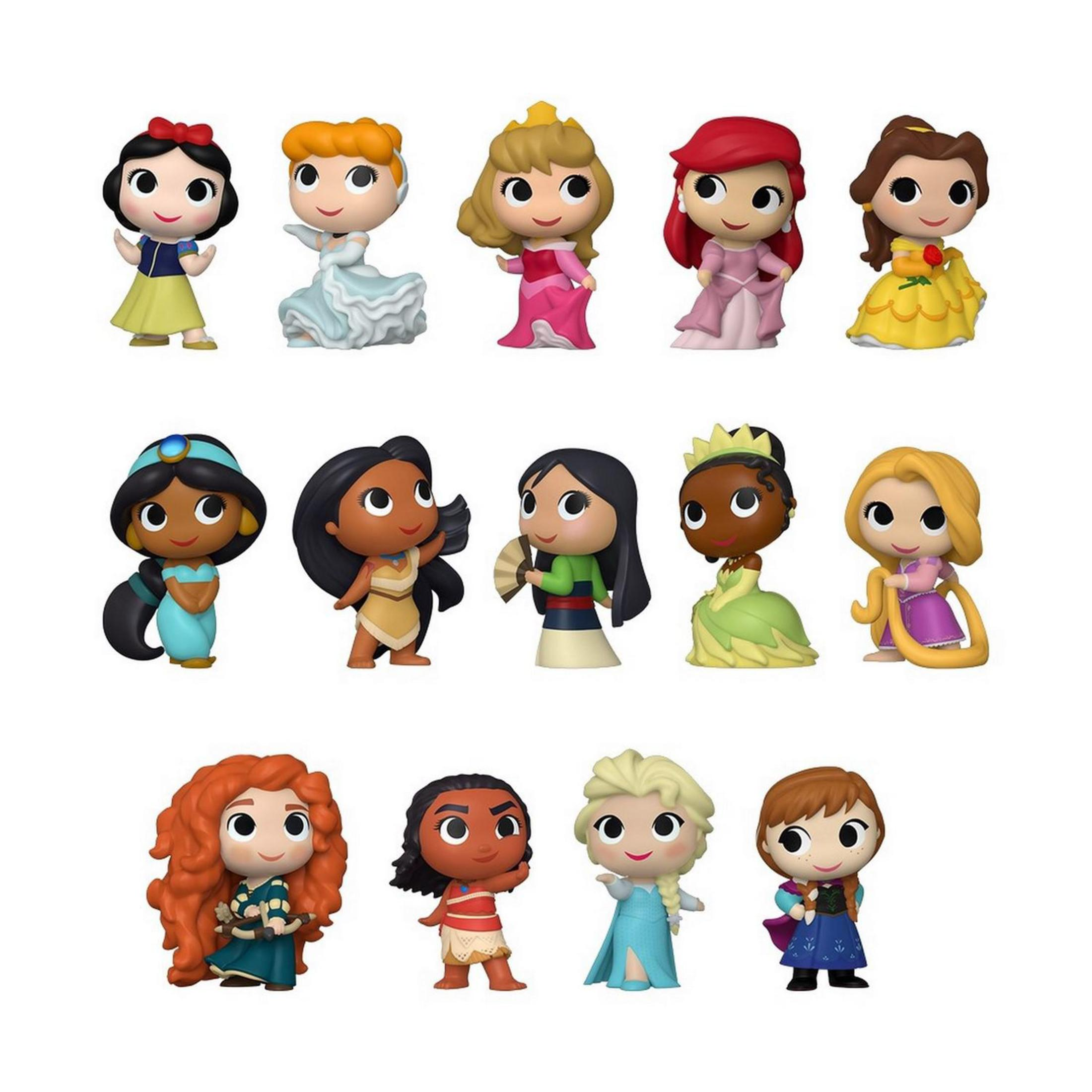 Gruppe von Disney-Prinzessinnen-Figuren in verschiedenen Farben. Weißer Hintergrund.