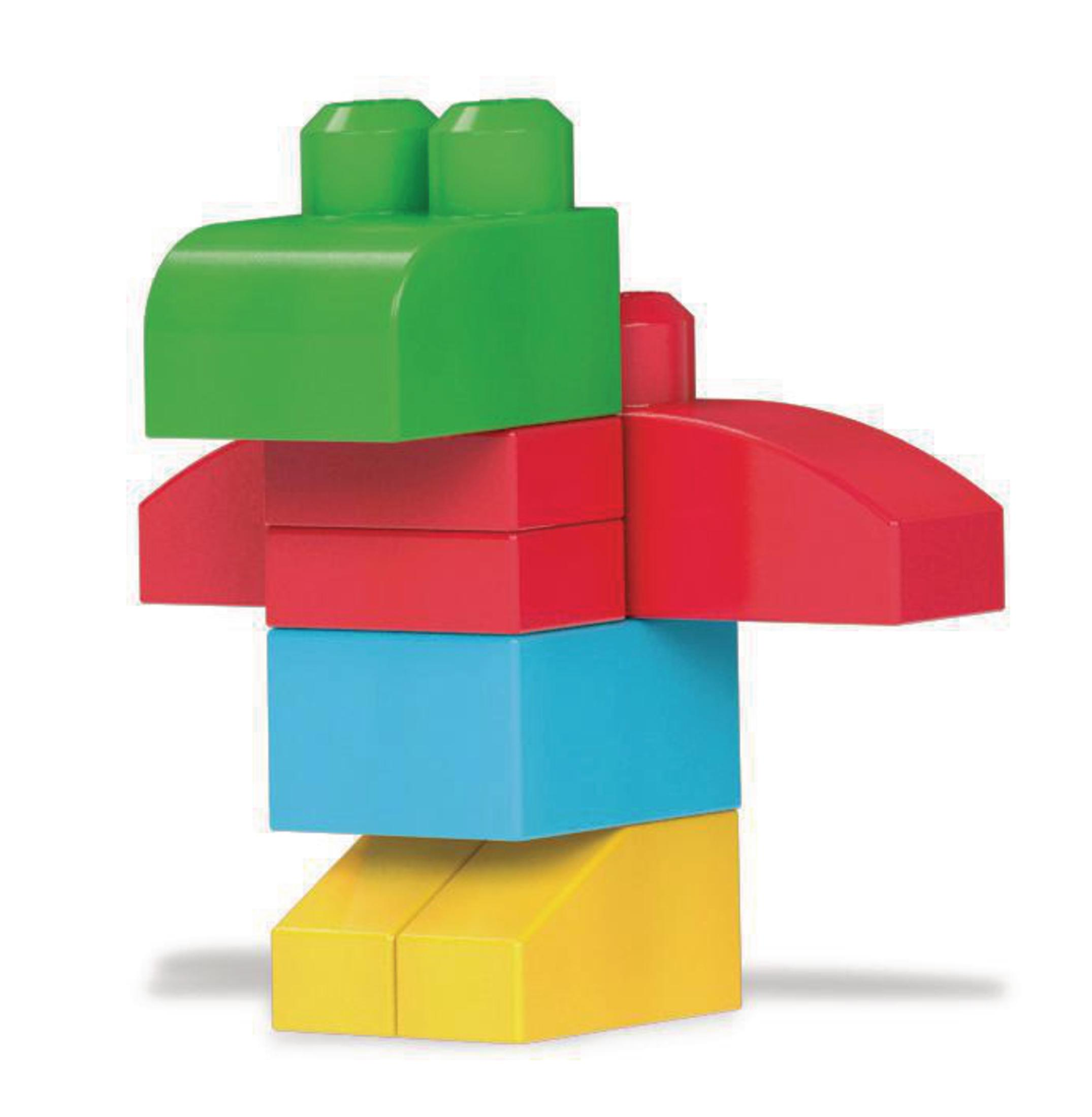 Kolorowe klocki ułożone w stos. Zielony wierzch, czerwony środek, niebieska sekcja, żółta podstawa. Białe tło.