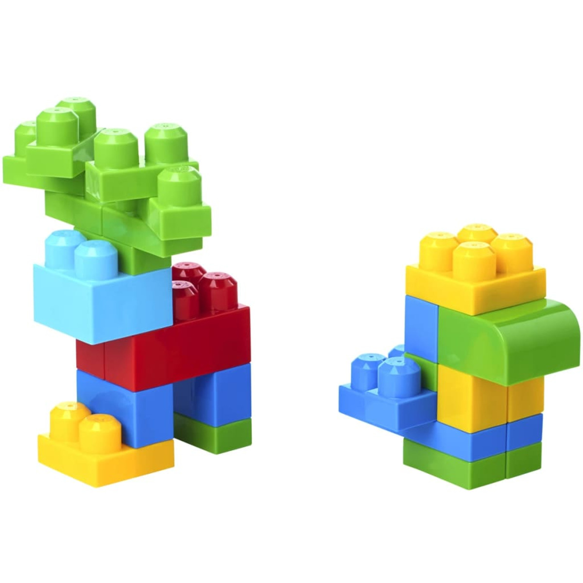Dwa zestawy kolorowych klocków ułożonych w proste kształty na białym tle.