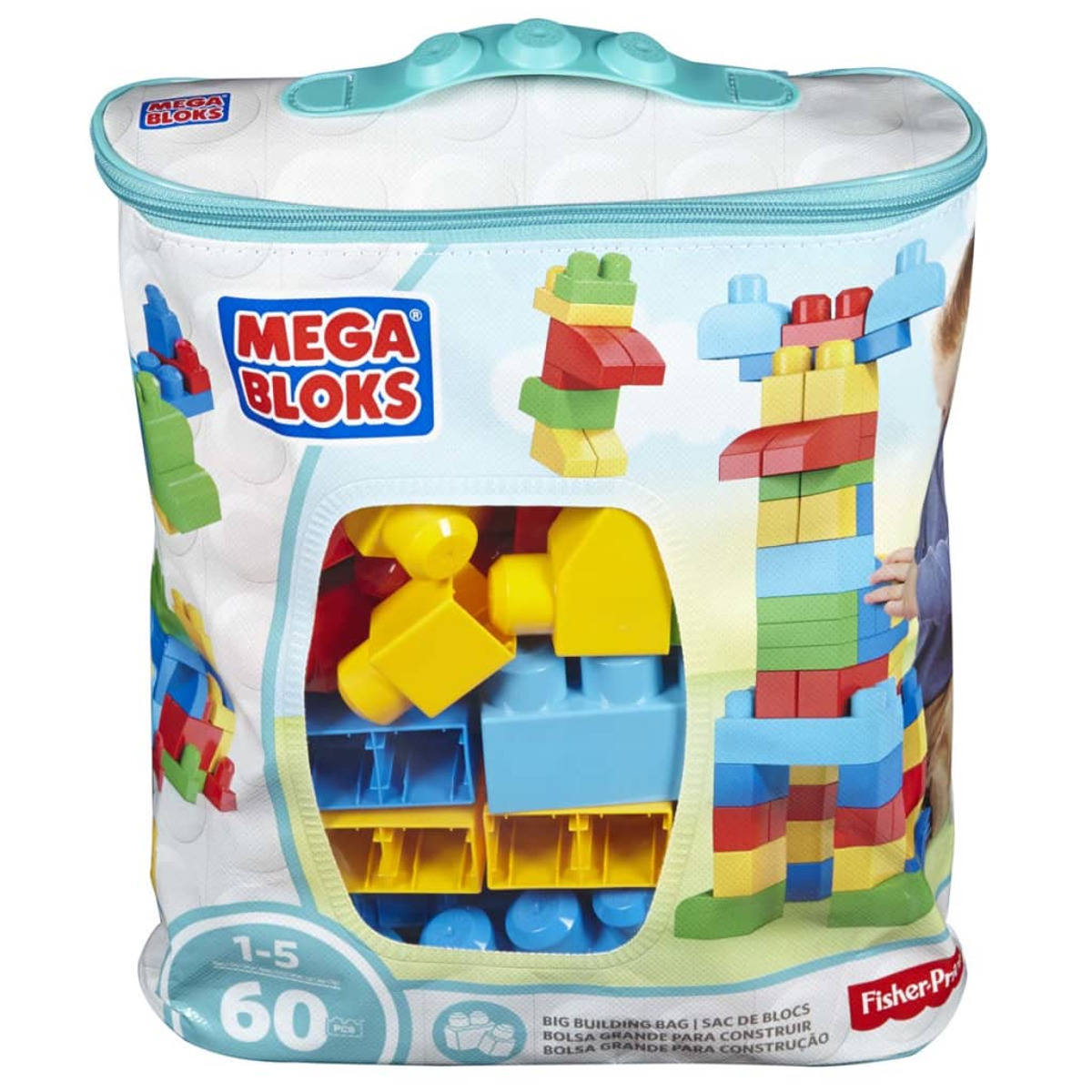 Torba wypełniona klockami Mega Bloks. Torba ma żyrafę i figurki z klocków.