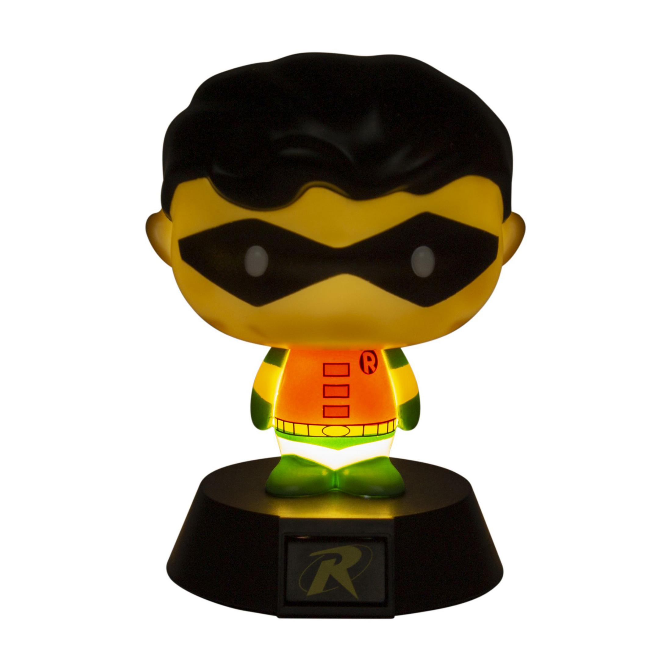 Eine Robin-Figur mit gelbem Kopf, schwarzer Maske und orangefarbenem Outfit.
