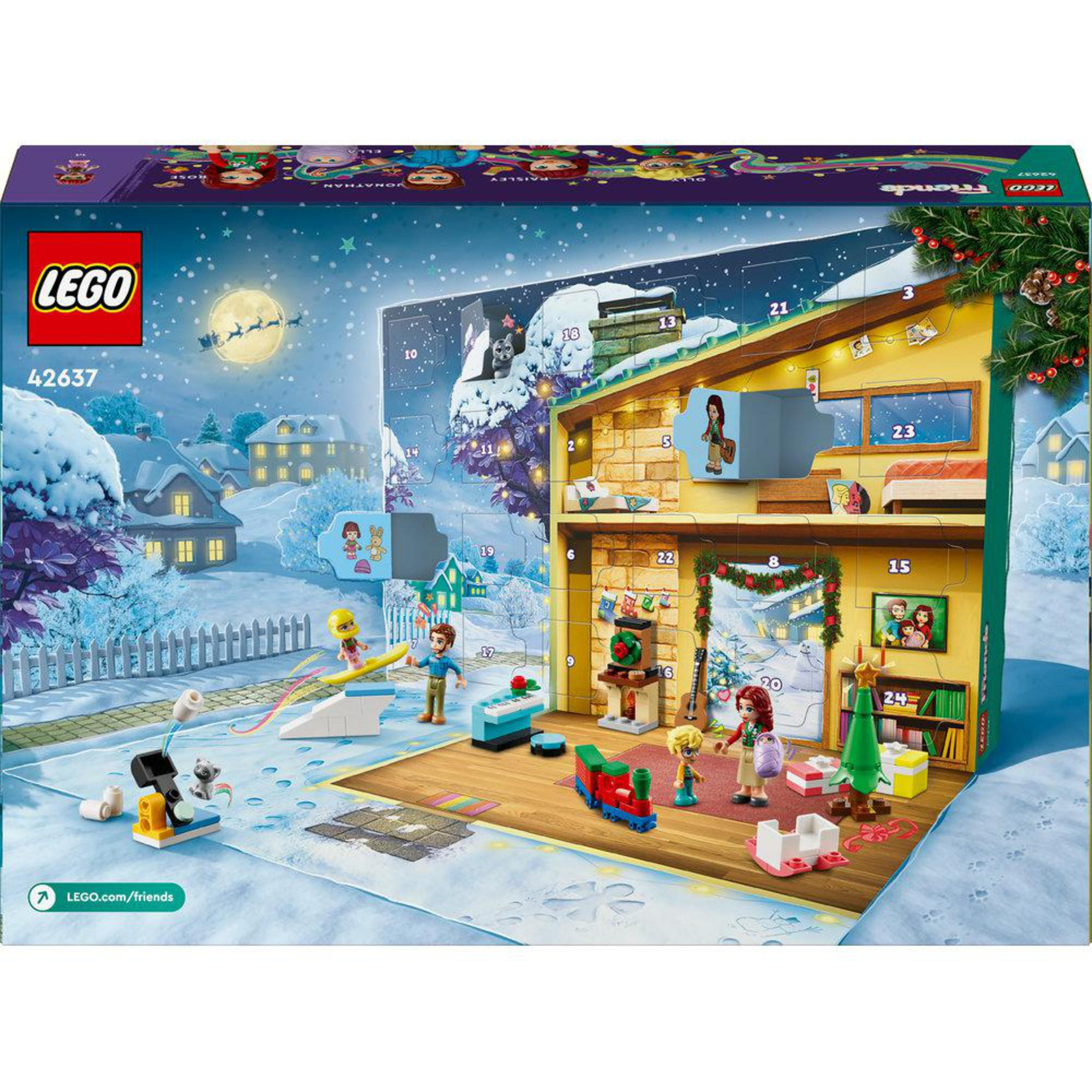 Caja del set Lego Friends, mostrando una escena invernal con casa, personas y decoraciones.