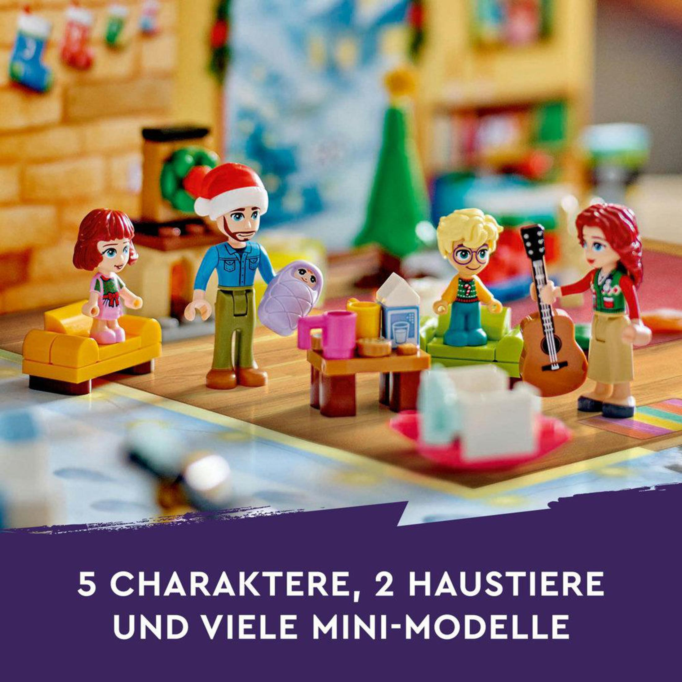 Escena Lego Friends con figuras, árbol de Navidad y accesorios, sobre fondo colorido.