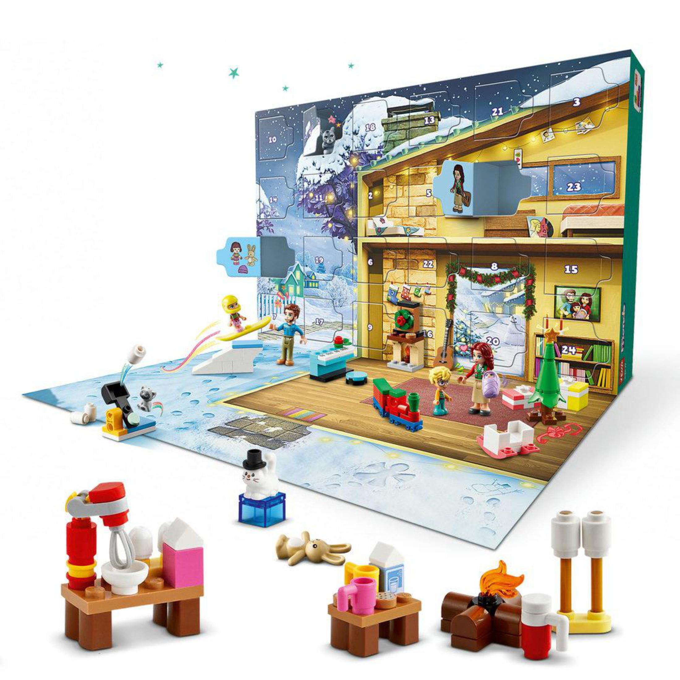 Calendario de adviento Lego Friends. La imagen muestra la caja y el conjunto ensamblado. Una escena nevada con figuras de Lego.