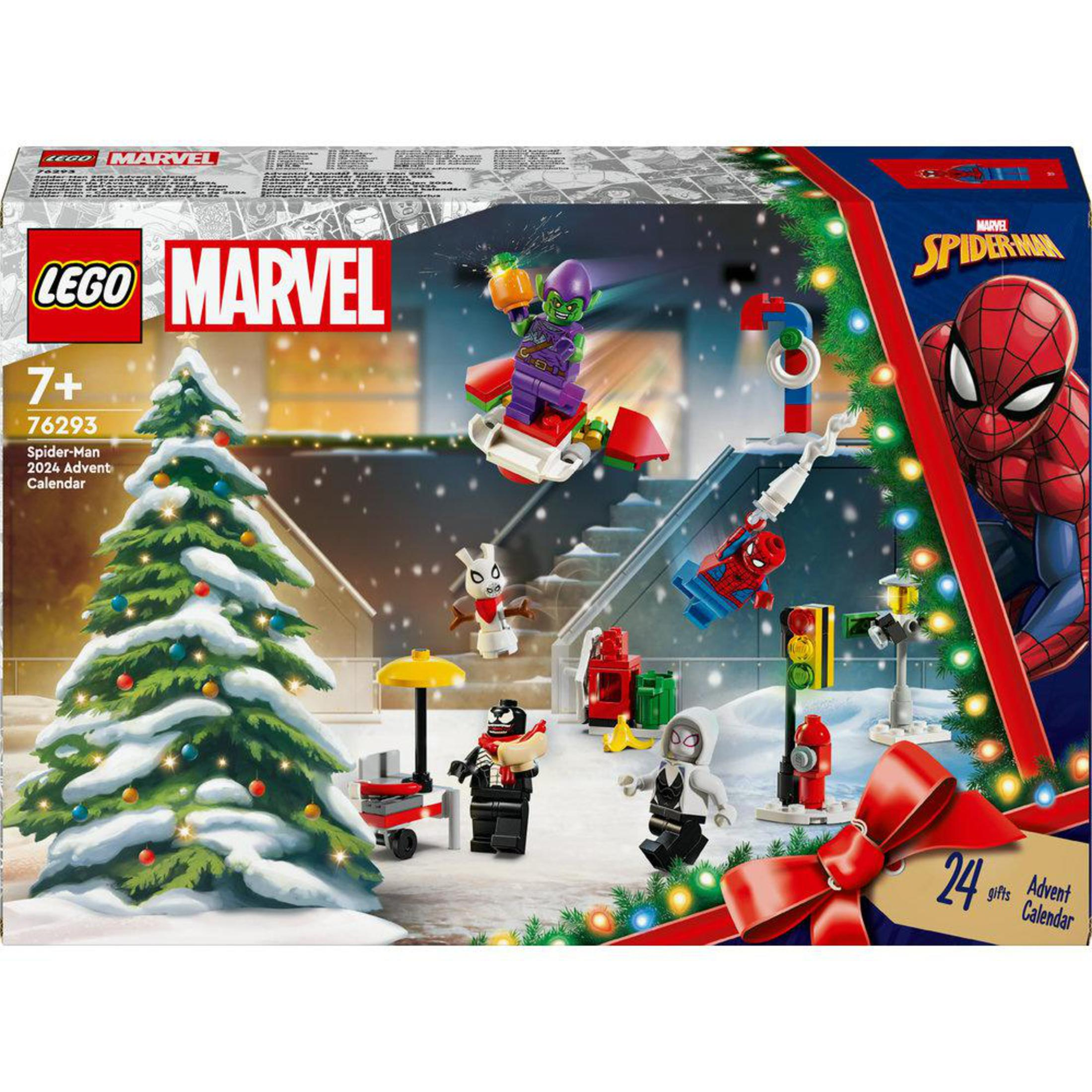 LEGO Marvel Spider-Man Adventskalender-Box mit Figuren und Weihnachtsbaum.