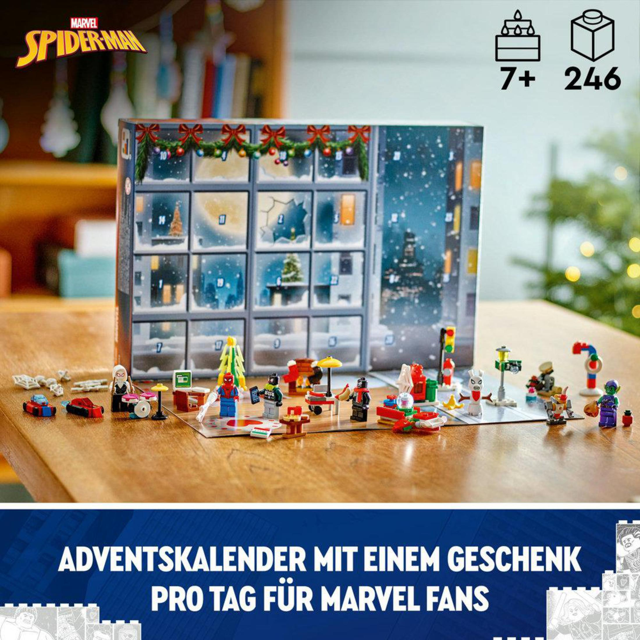 Lego Spider-Man Adventskalender. Figuren und Bausteine auf Tisch.