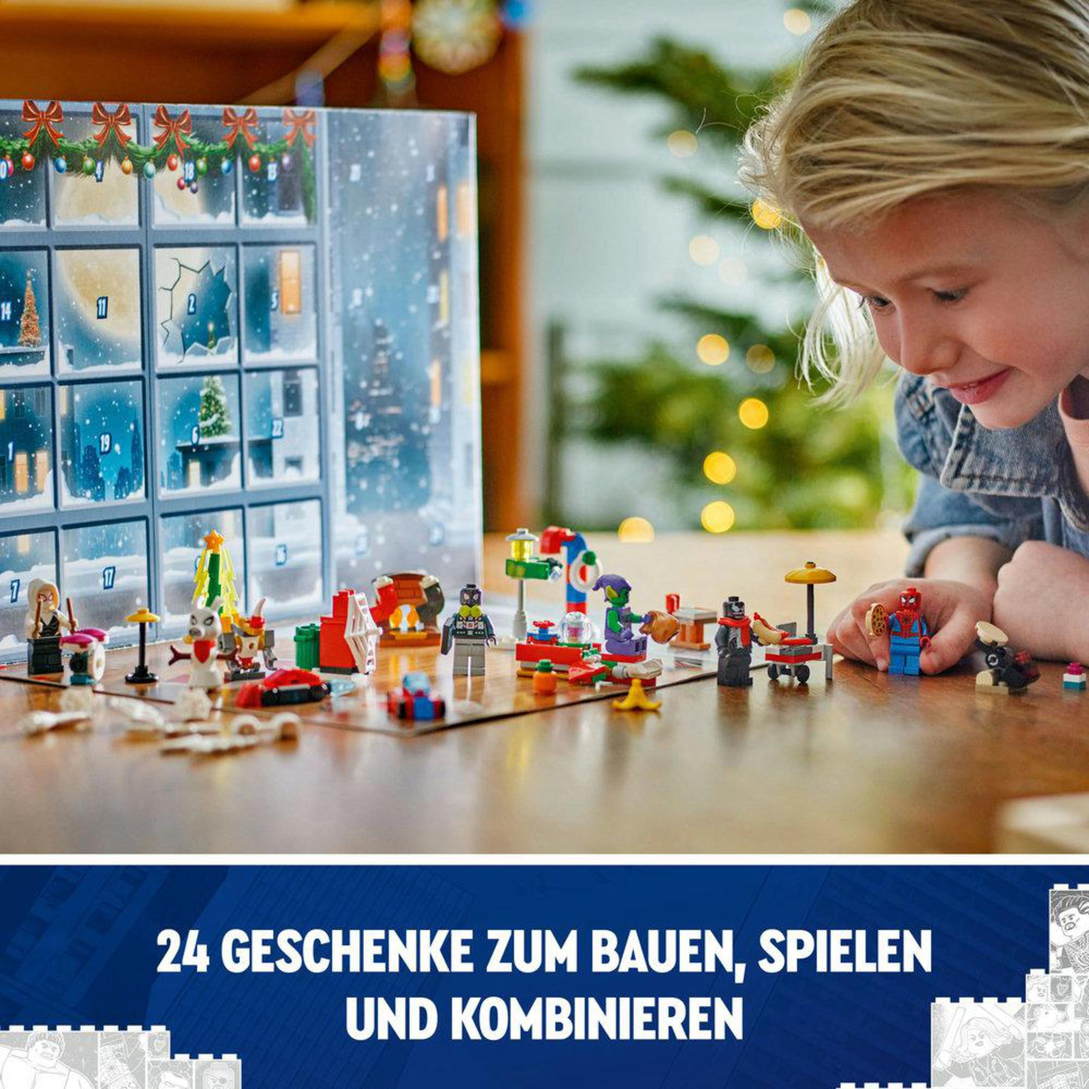 Ein Mädchen betrachtet einen Lego Adventskalender, mit Lego Figuren auf dem Tisch. Text unten.