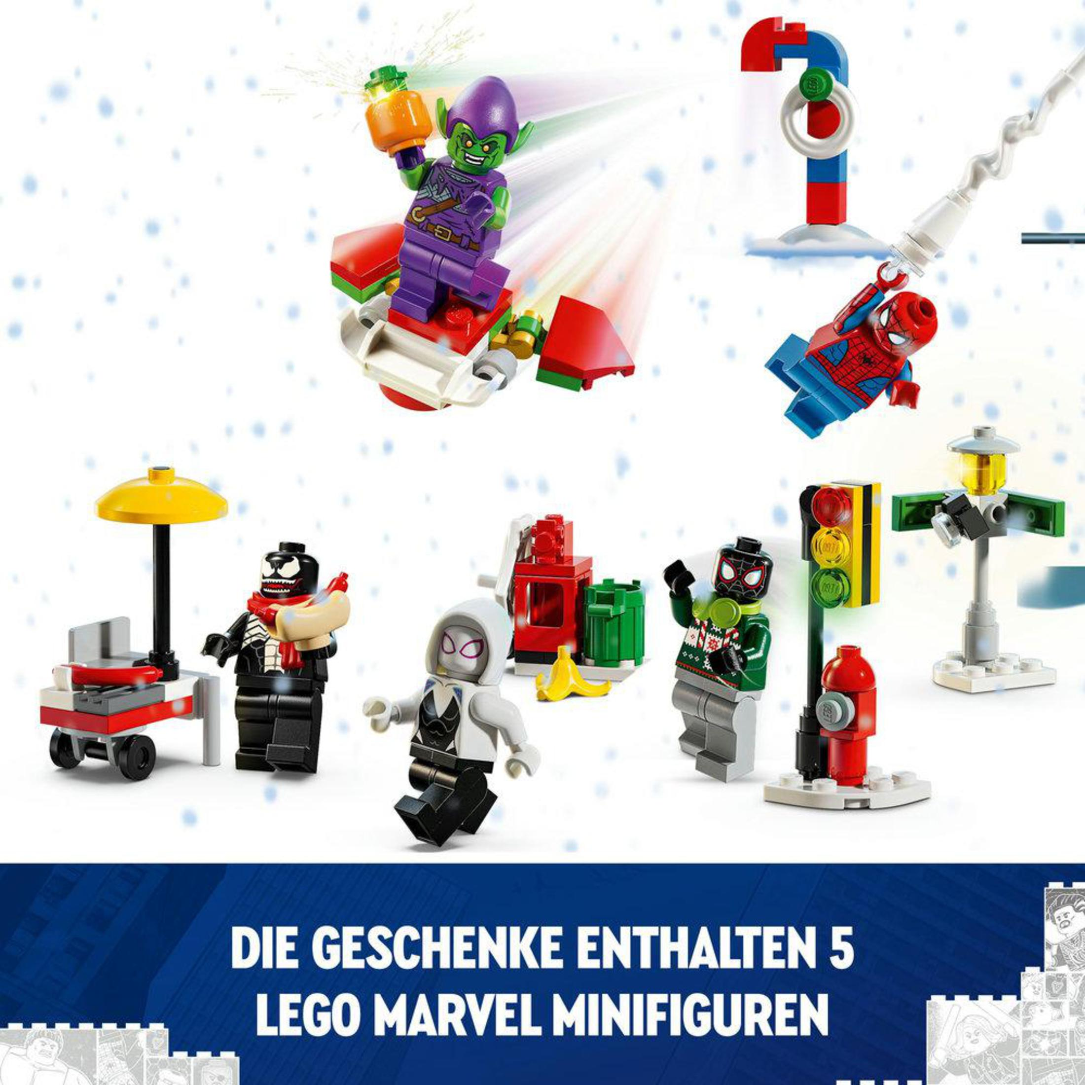 Lego Marvel Minifiguren. Green Goblin auf einem Gleiter, Spider-Man beim Web-Schleudern und andere.