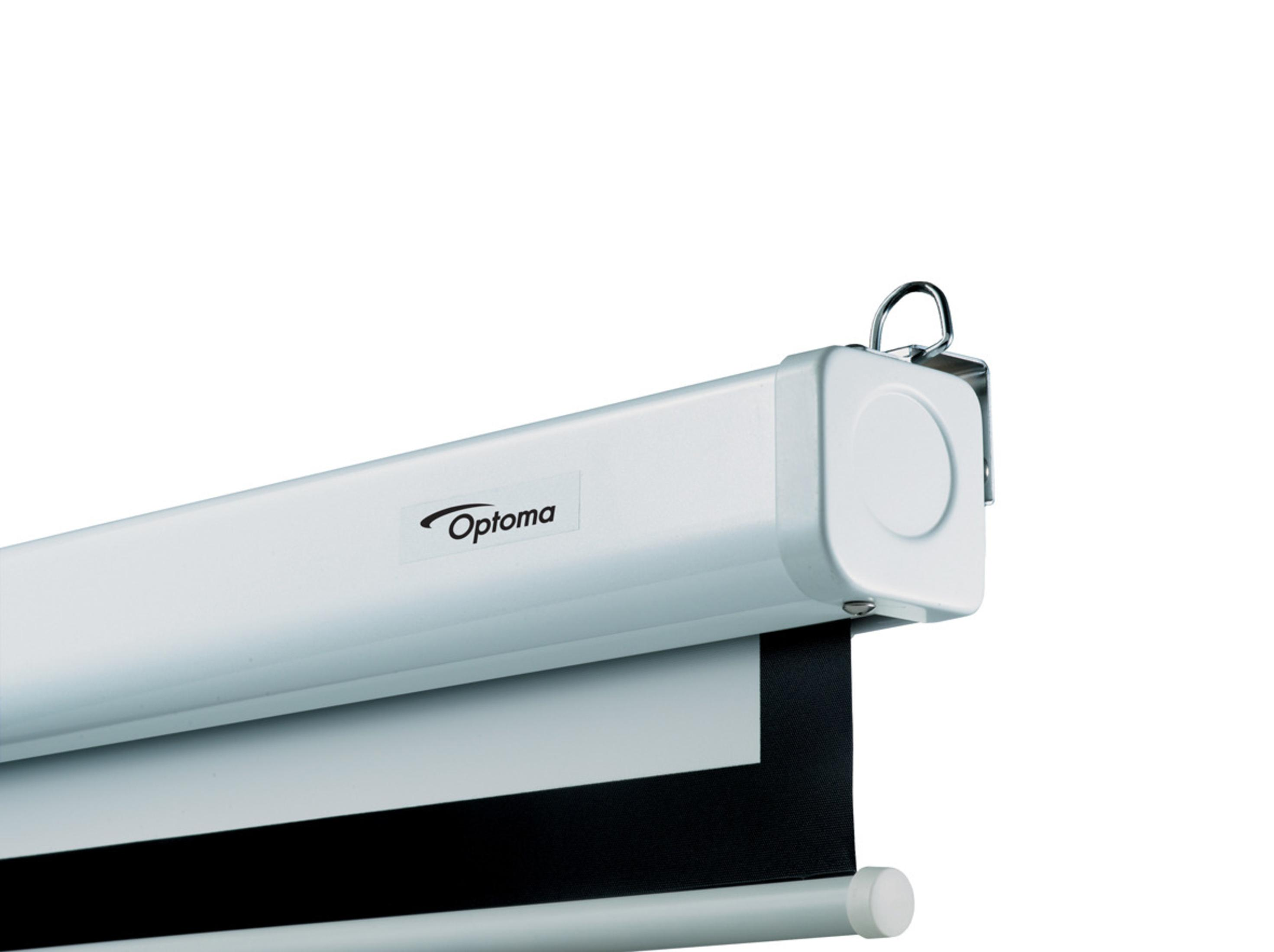 White projector screen case, with the Optoma logo, and a black screen extending down.
