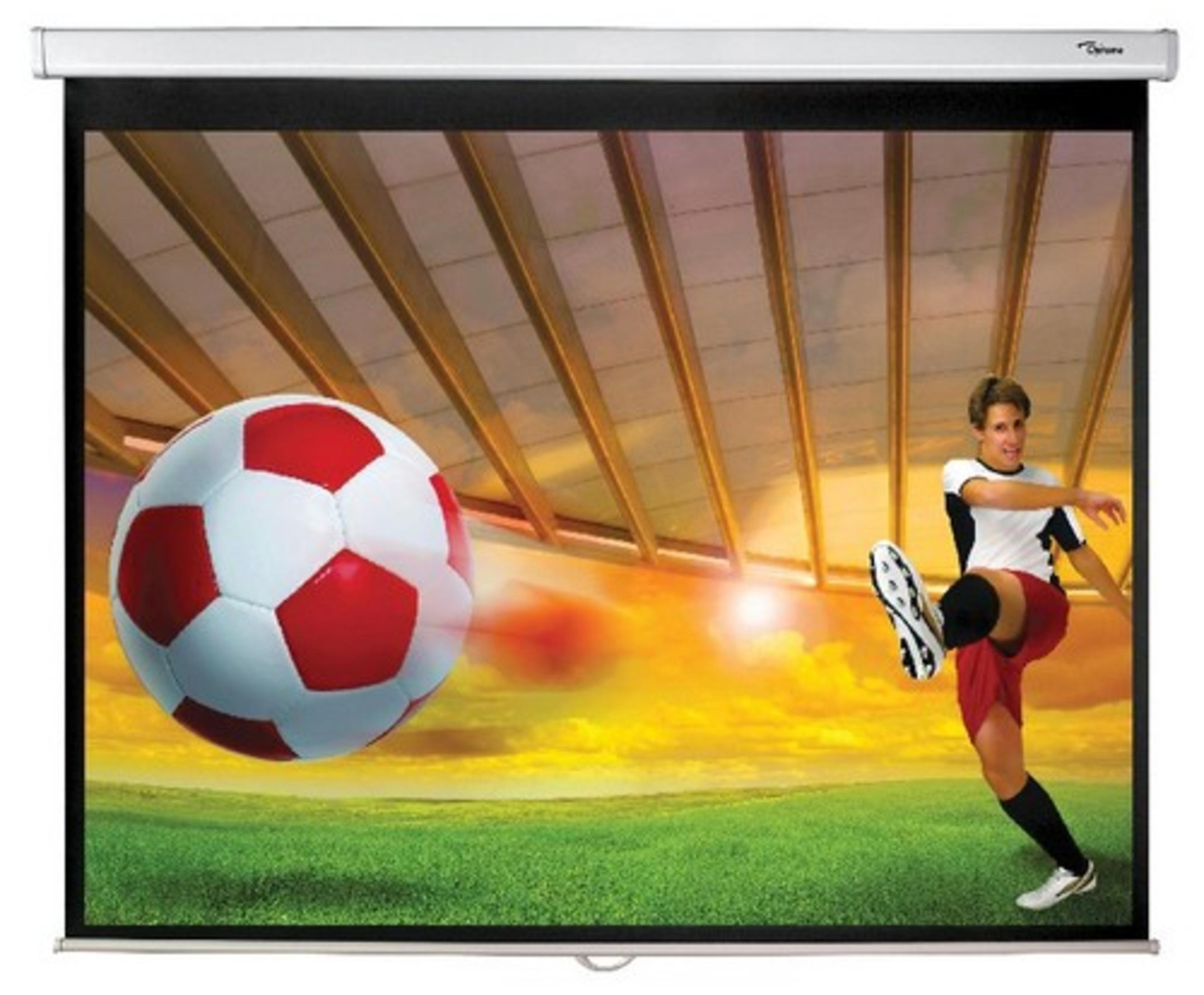 A soccer player kicking a ball on a screen, projected on a screen.