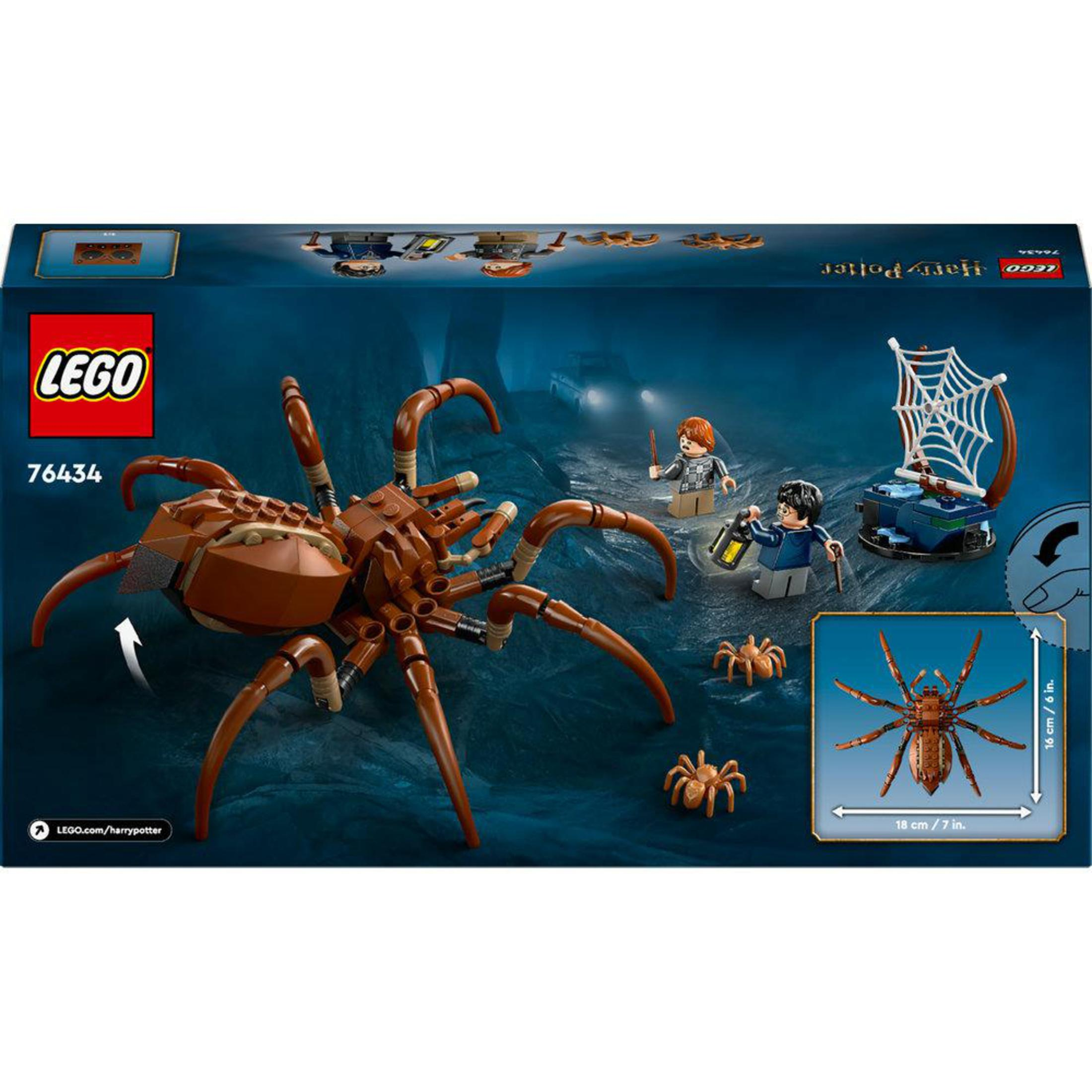 Lego Harry Potter set kutusu. Büyük bir Lego örümcek, figürler ve karanlık bir mağara sahnesinde bir ağ.