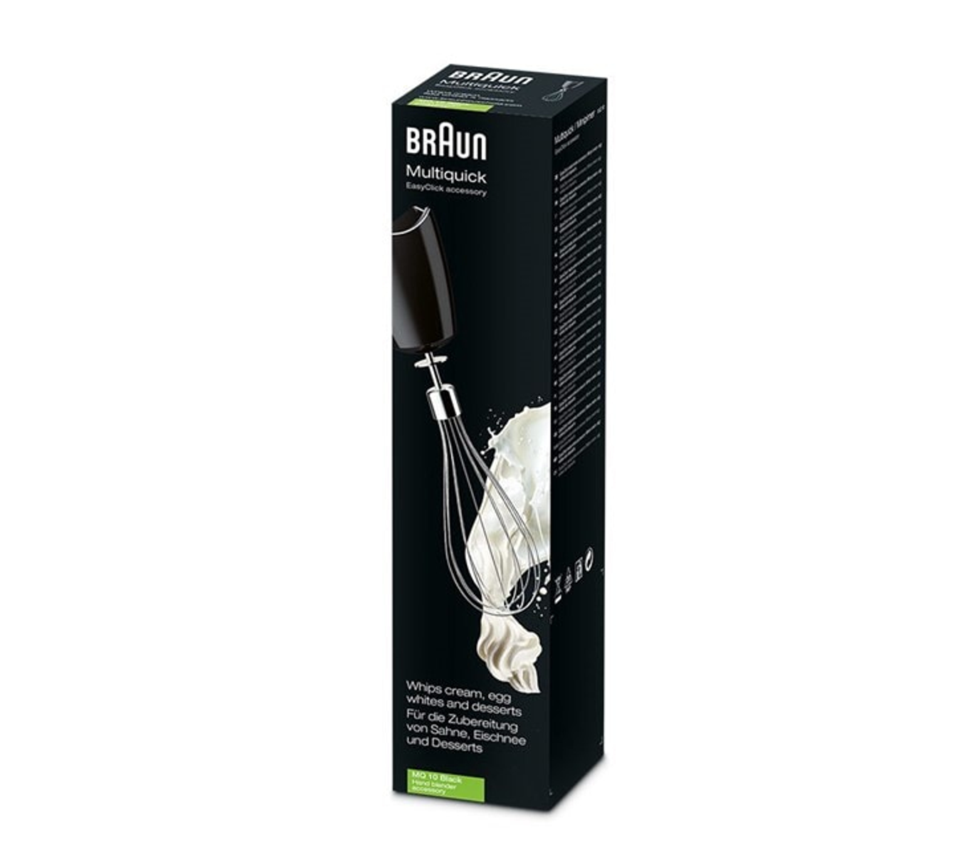 Ein Karton mit einem Mixer, die Verpackung zeigt den Mixer beim Aufschlagen von Sahne.