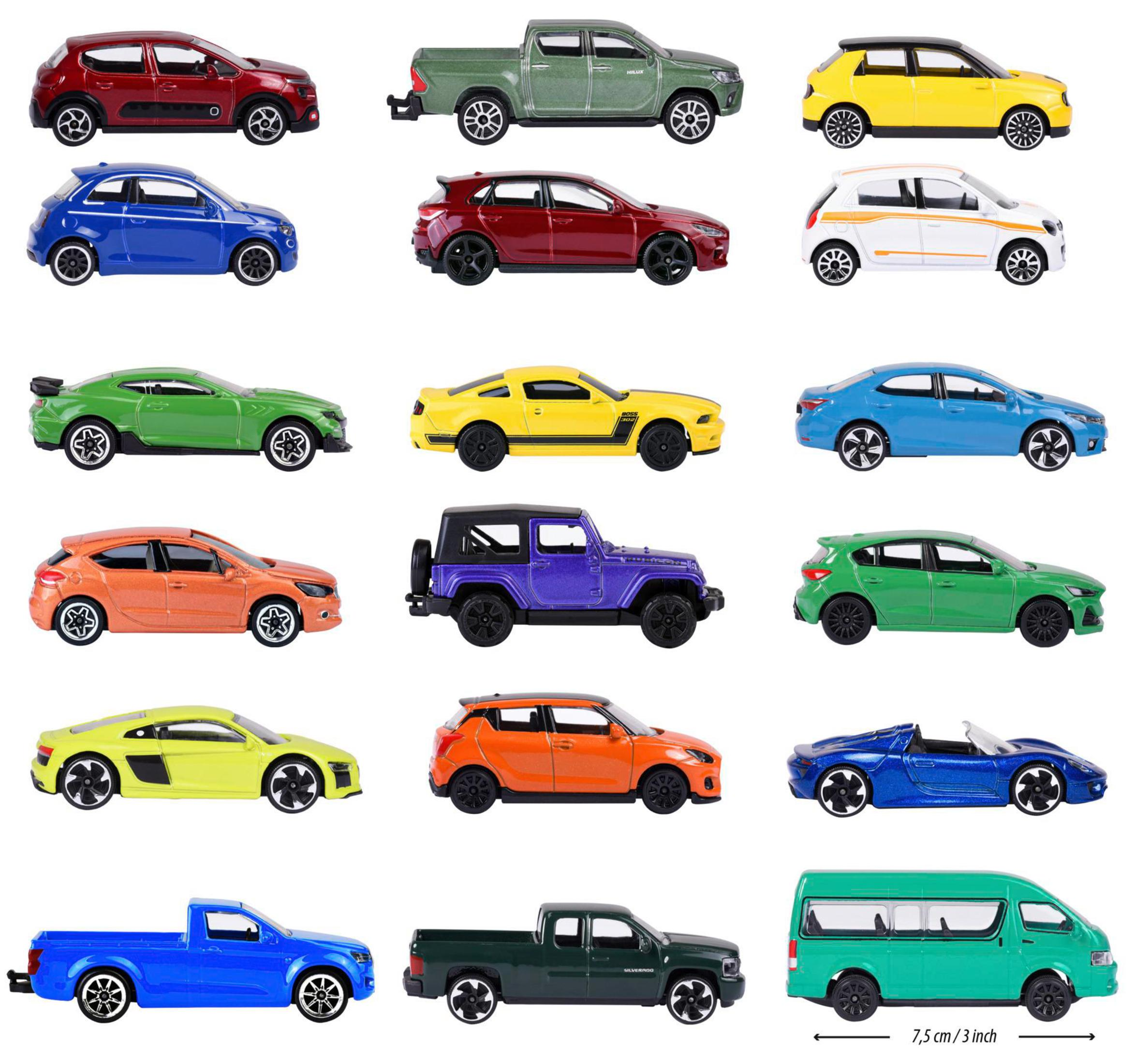 Eine Sammlung von Spielzeugautos in verschiedenen Farben und Stilen, auf weißem Grund.