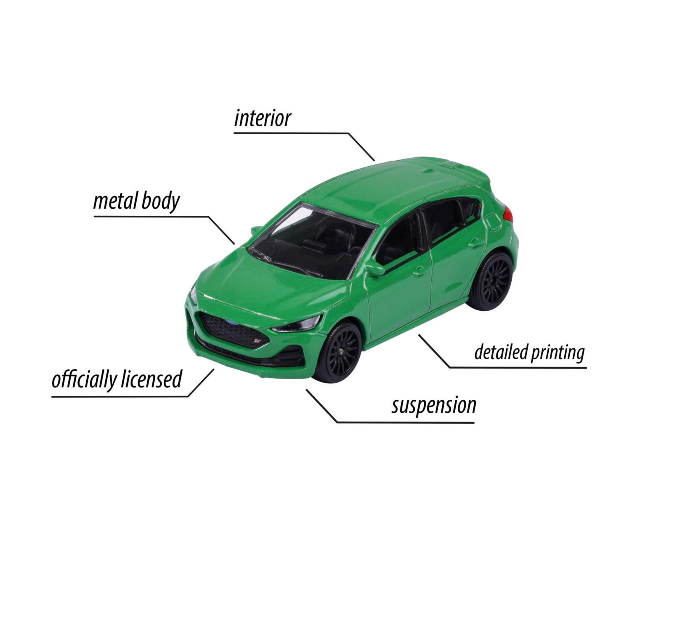 Ein grünes Spielzeugauto mit Beschriftungen: Metallkarosserie, Innenraum, Federung, detaillierter Druck, offiziell lizenziert.