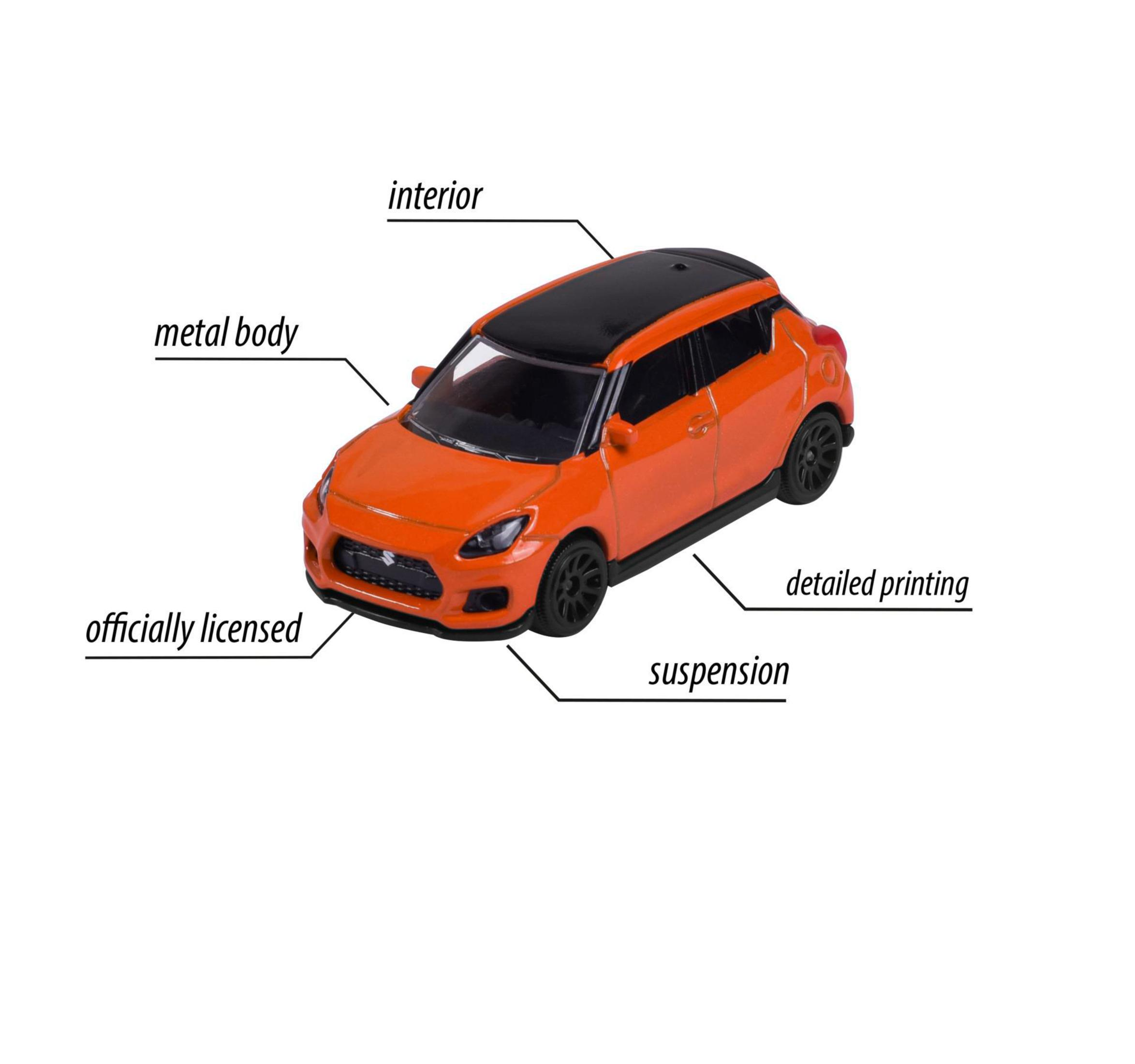 Orangenes Spielzeugauto-Modell mit Etiketten: Metallkarosserie, Innenraum etc.