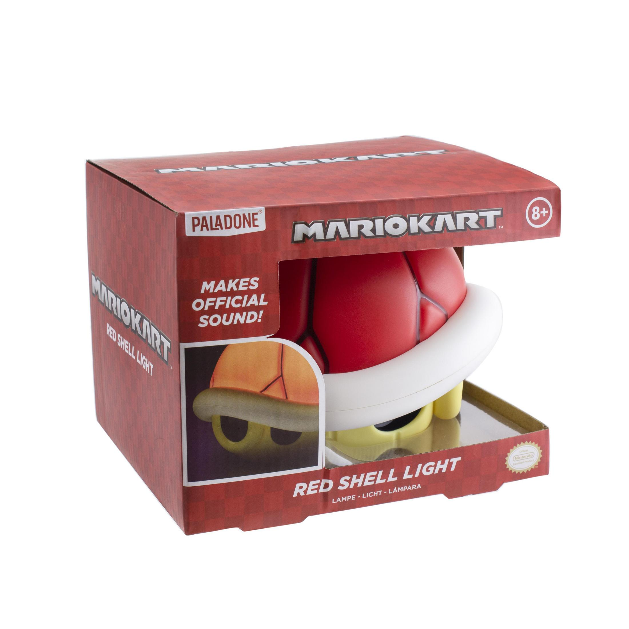 Rotes Mario Kart Shell-Licht in seiner Box. Auf der Box steht "Mario Kart".