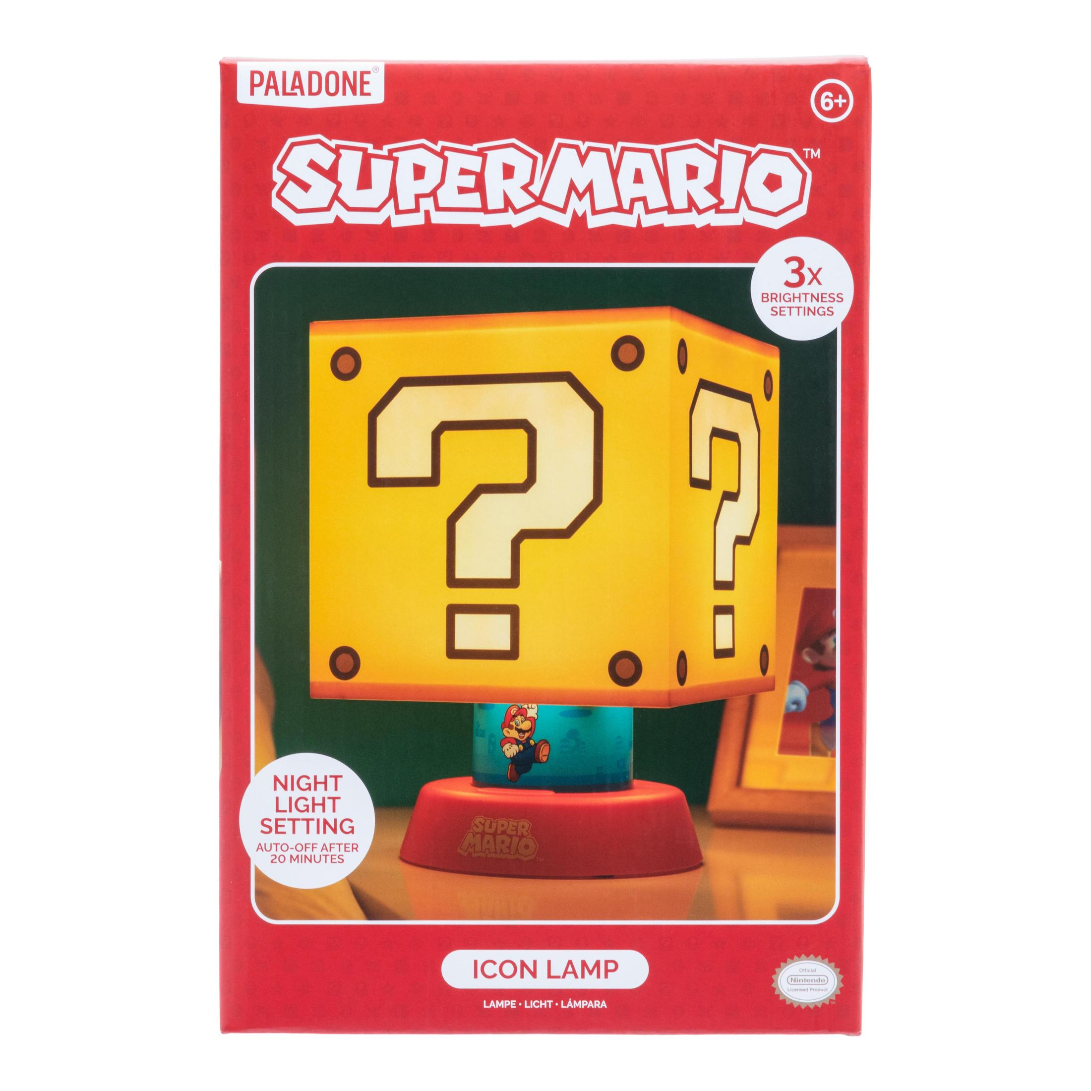 Lampa ze znakiem zapytania Super Mario w czerwonym pudełku, z logo Super Mario.