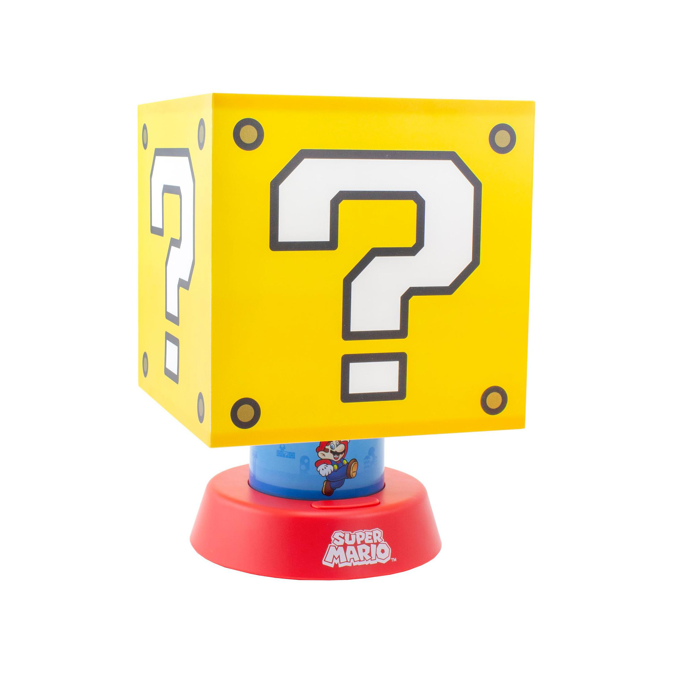 Żółta lampa z blokiem ze znakiem zapytania Super Mario. Czerwona podstawa, niebieska góra.