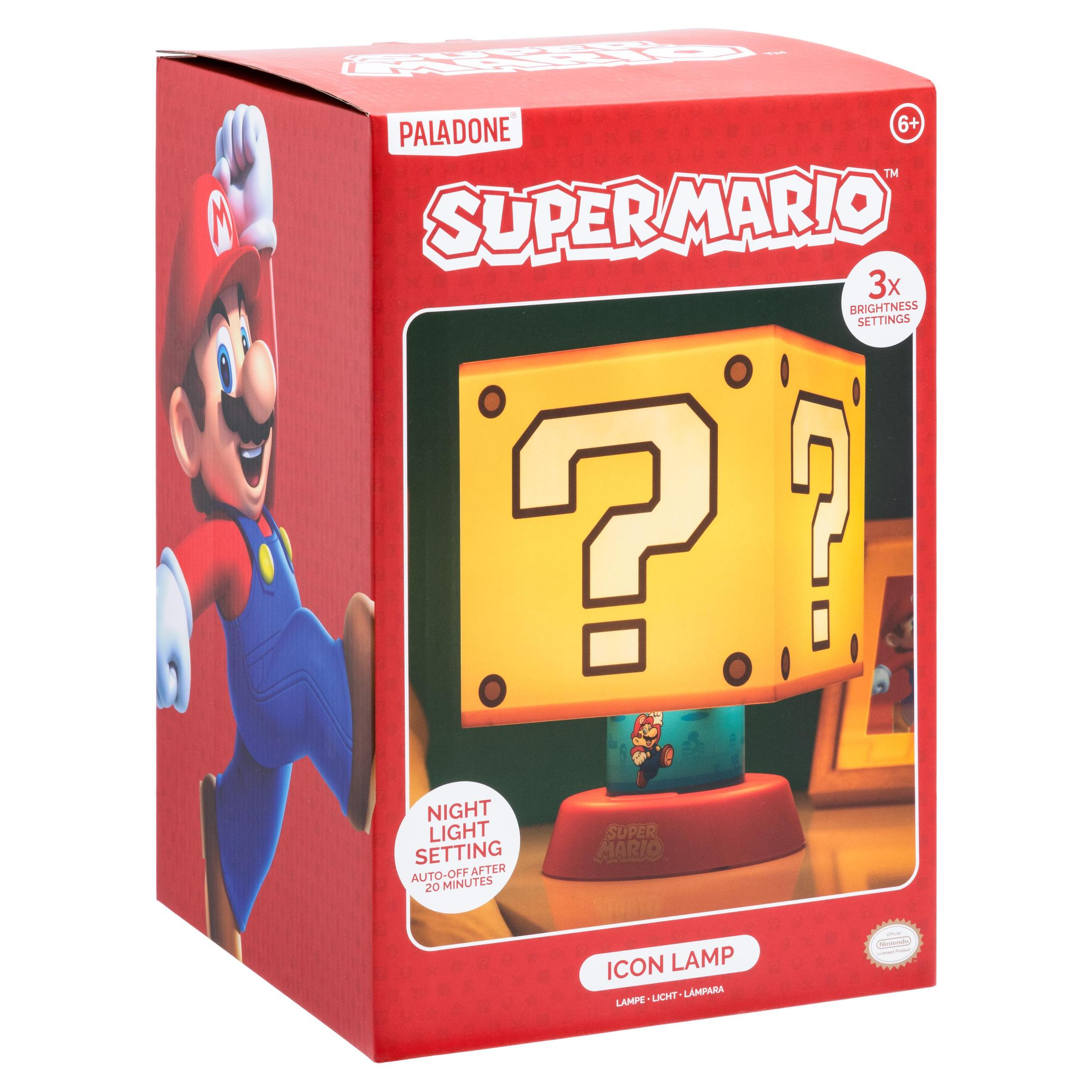 Pudełko lampy Super Mario z Mario i blokiem znaku zapytania.