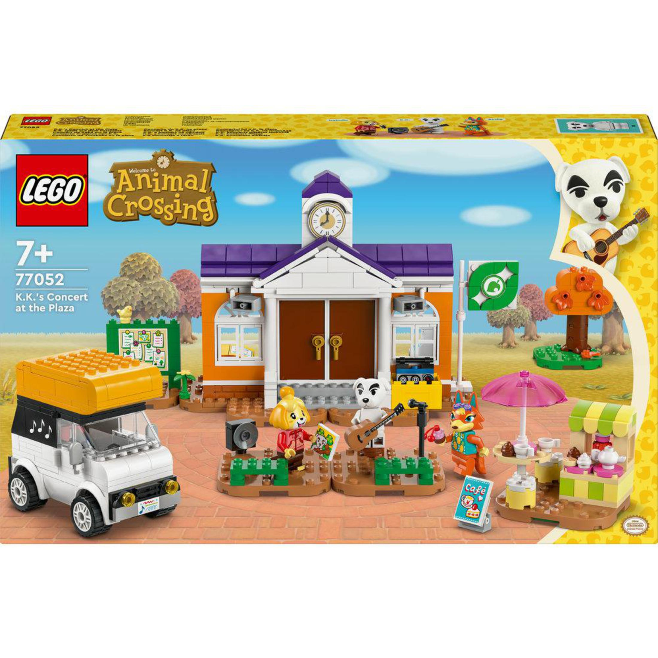 Lego Animal Crossing seti. Bir kutu illüstrasyonunda binalar, figürler ve yapılar. Müzik çalan karakterler ve bir kafe.