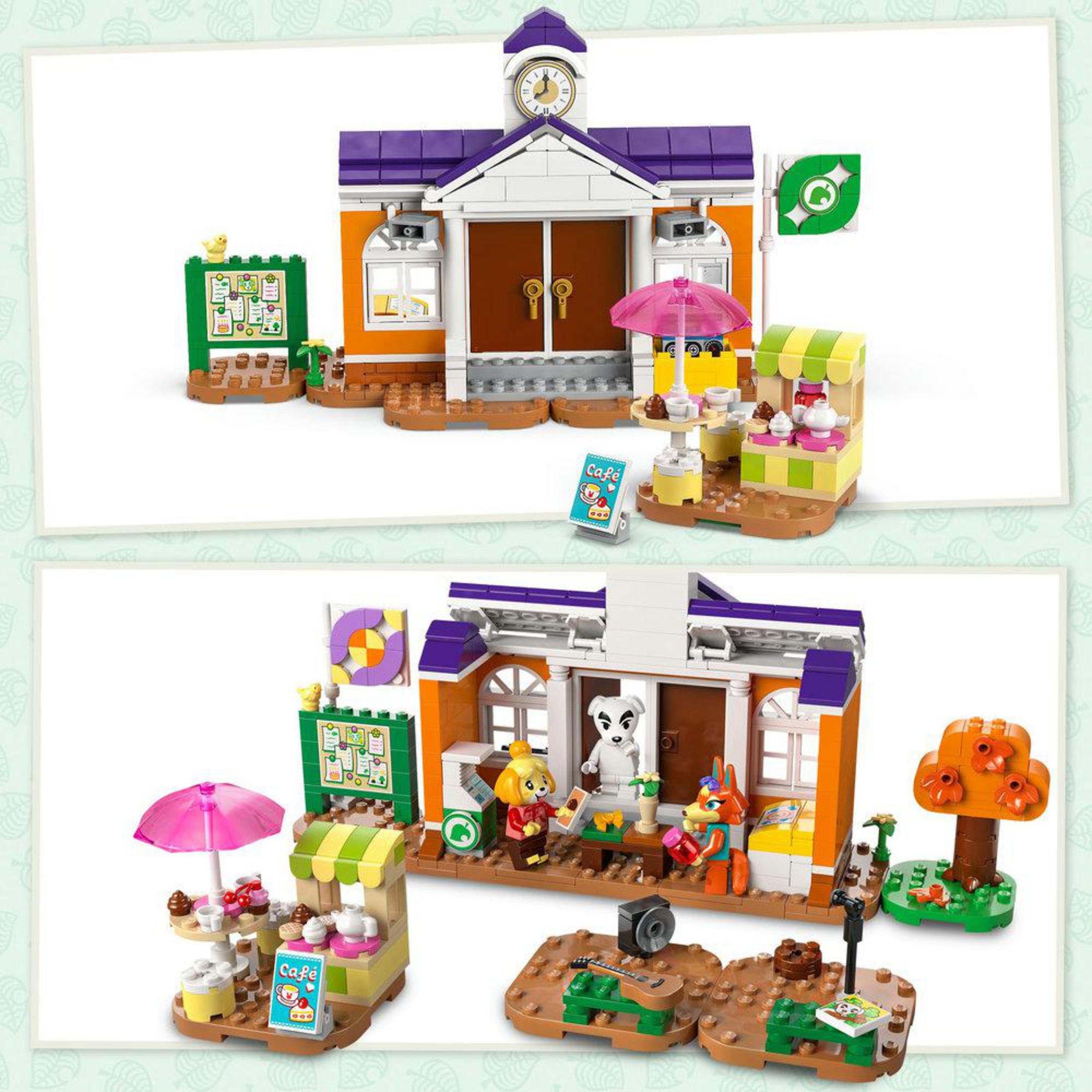 LEGO Duplo seti, okul binası, dükkan, kafe ve hayvan figürleri ile.
