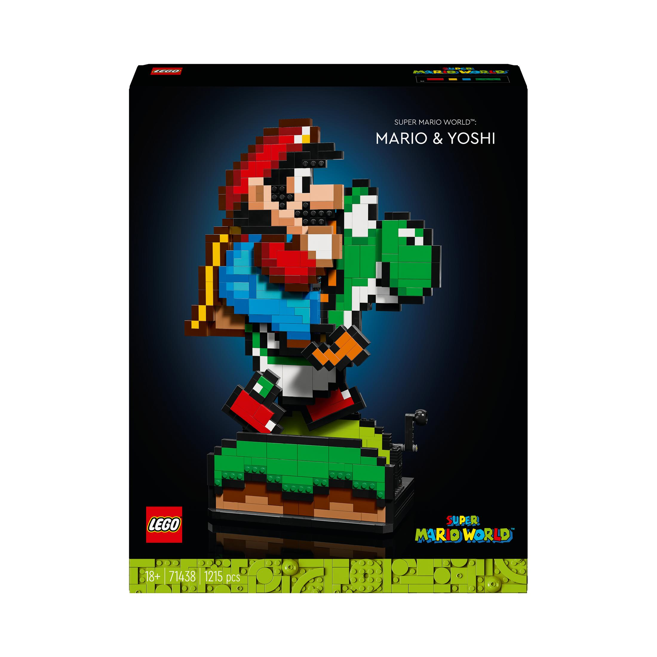 Pudełko z zestawem Lego z figurkami Mario i Yoshi w scenie Super Mario World.