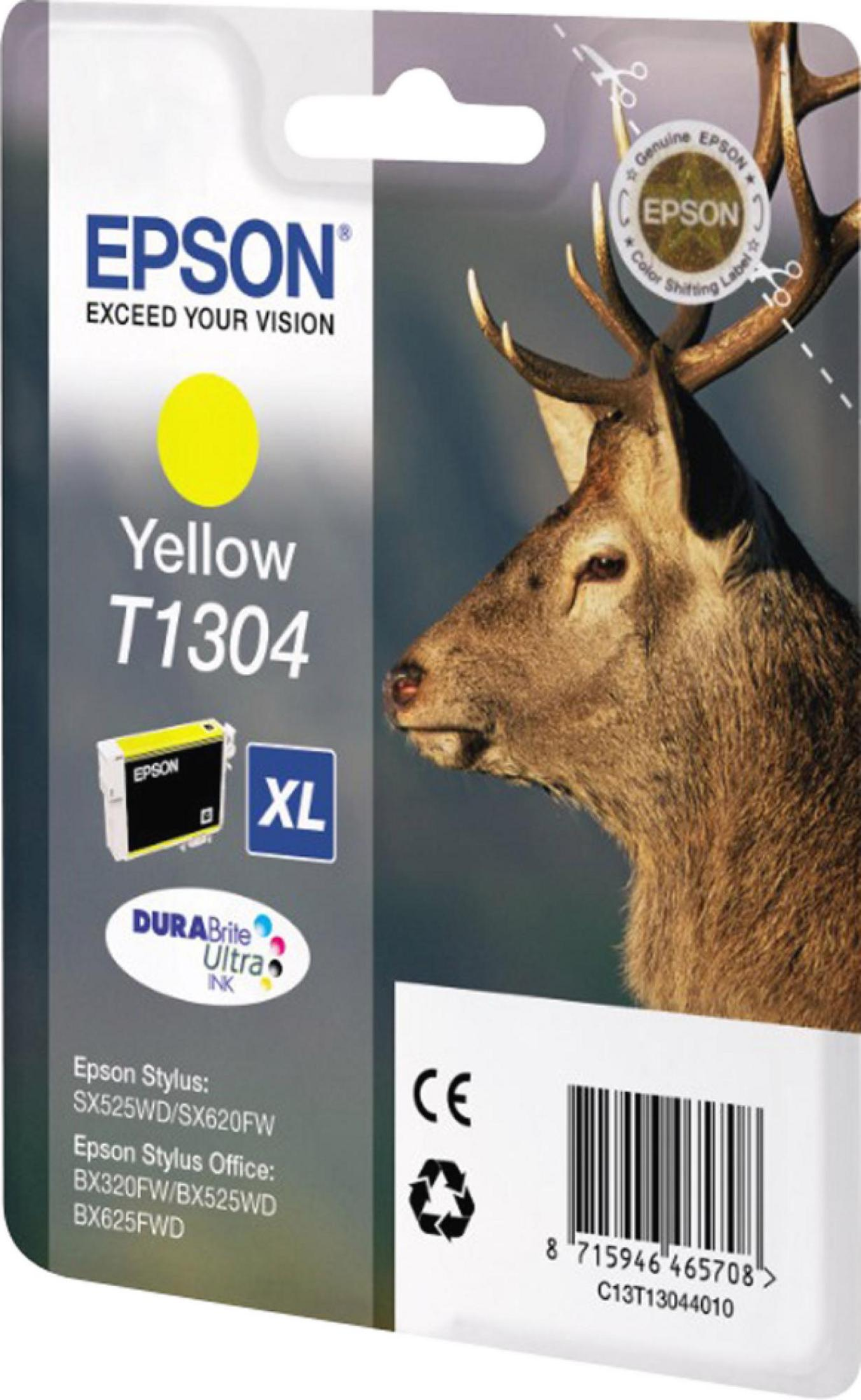 Epson gelbe Tintenpatronenverpackung. Es zeigt einen Hirschkopf und die Tintenpatrone.