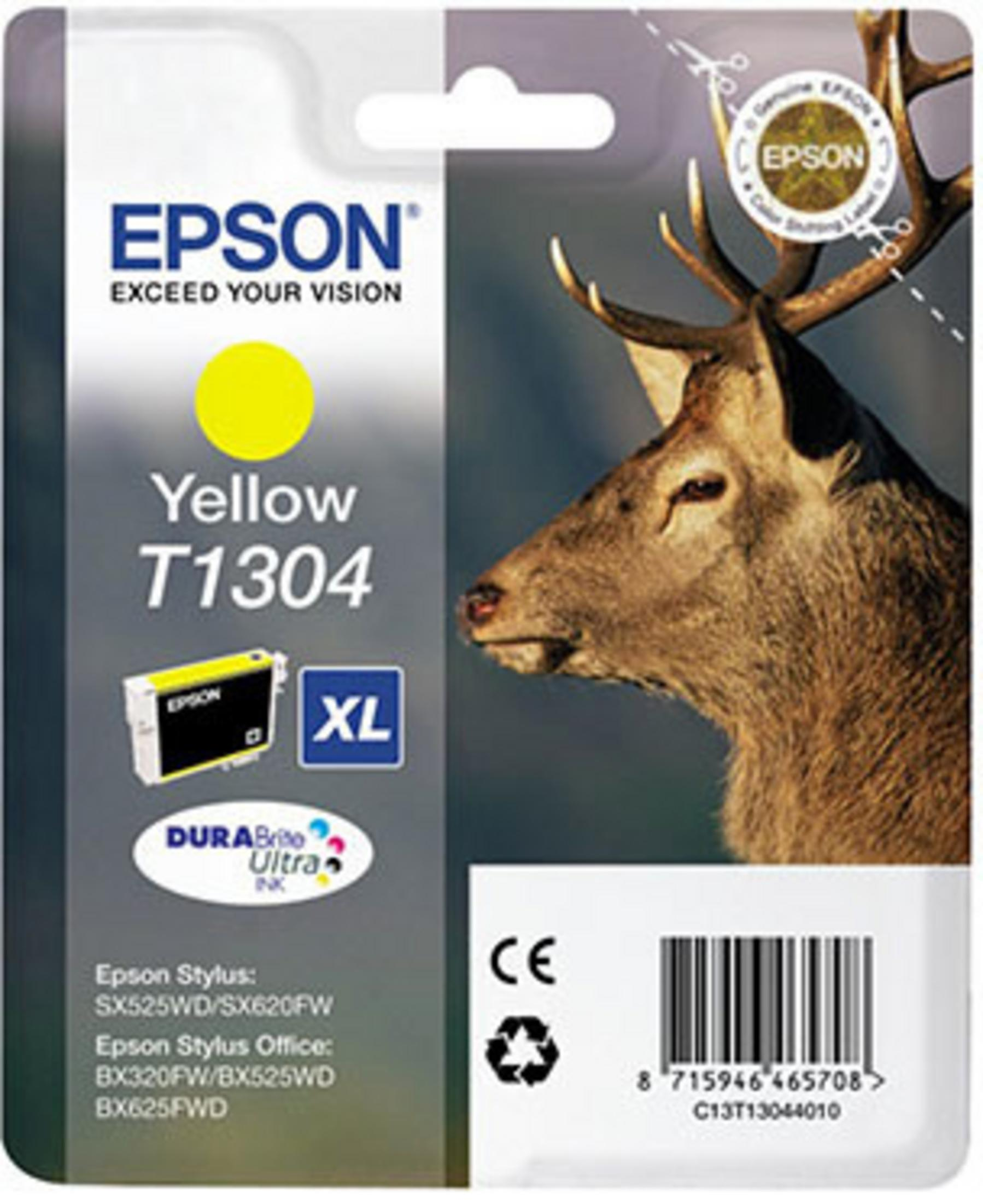 Epson gelbe Tintenpatronenverpackung. Enthält Tintenpatrone und ein Reh mit Geweih-Grafik.