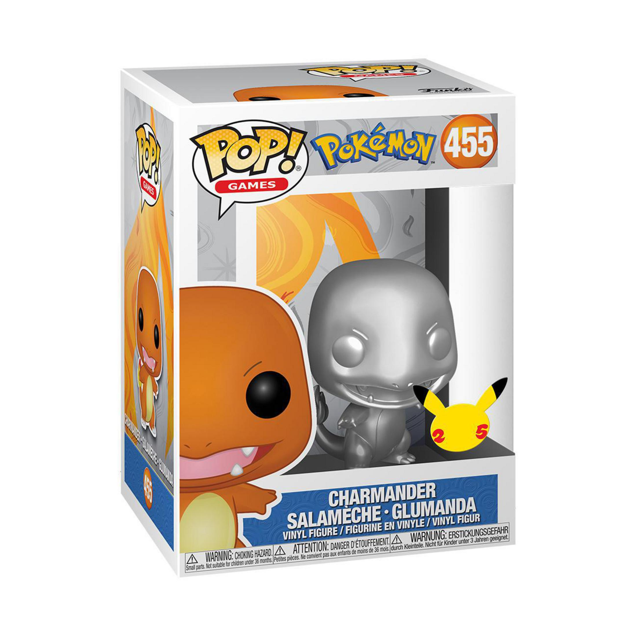 Funko Pop Box, Charmander Figur, orange und silber, weißer Hintergrund.