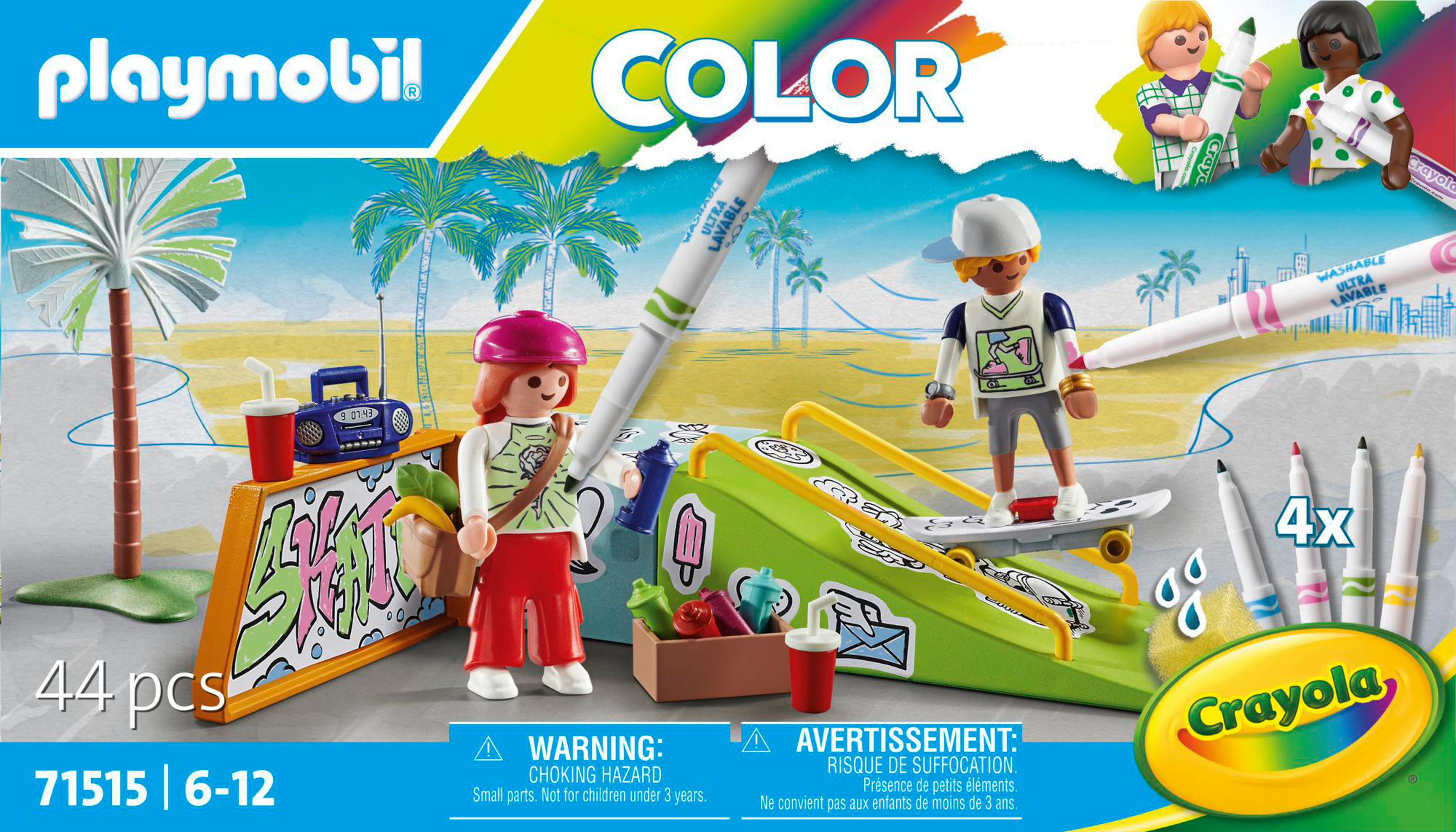 Playmobil-Box-Set mit Figuren, Skate-Rampe und Markern. Bunte Szene auf weißem Hintergrund.