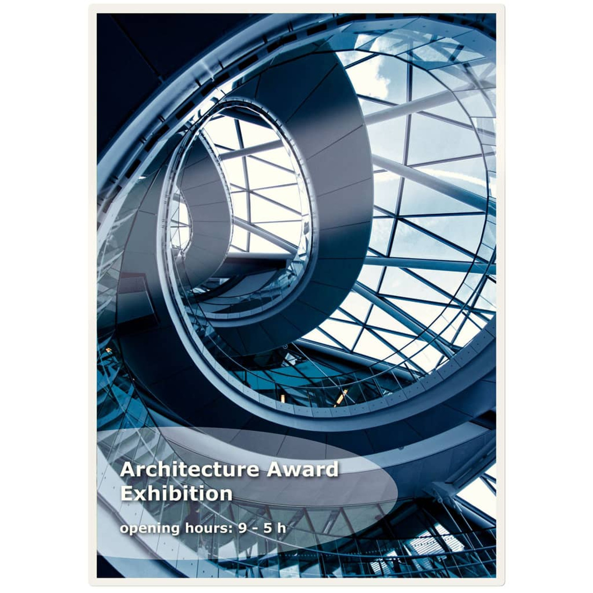 Plakat zur Architekturpreis-Ausstellung. Innenraum mit Wendeltreppe. Blaue und weiße Farben werden verwendet.