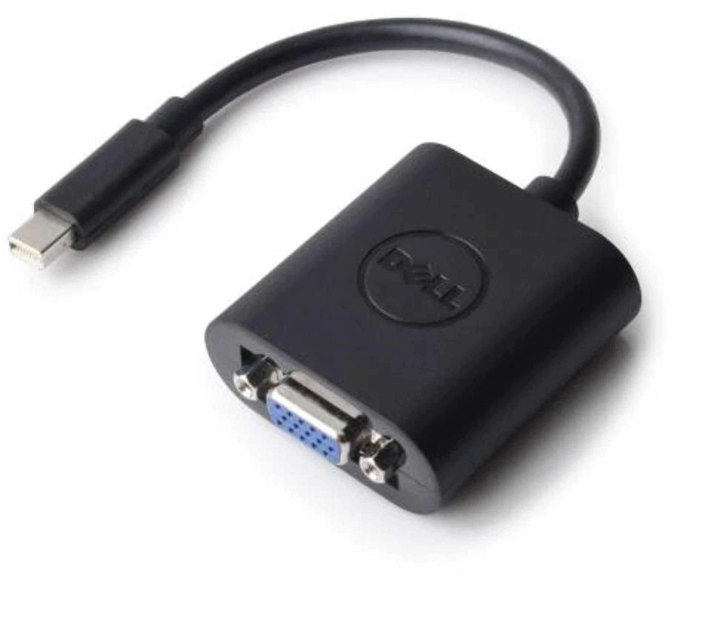Adattatore Dell nero. Un'estremità ha un piccolo connettore bianco, l'altra una porta VGA. Sfondo bianco.