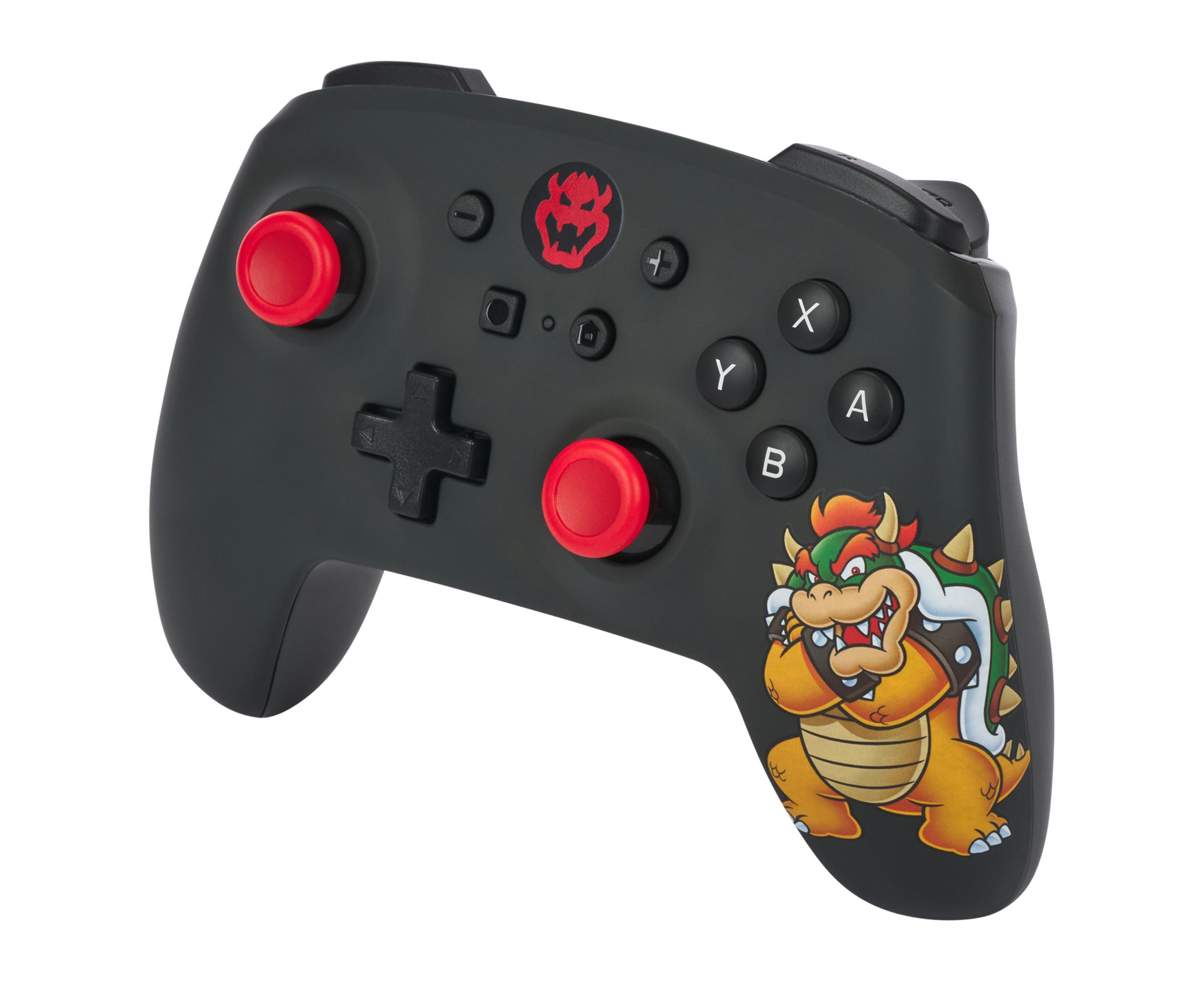 Czarny kontroler Nintendo Switch Bowser z czerwonymi przyciskami i grafiką Bowsera. Białe tło.