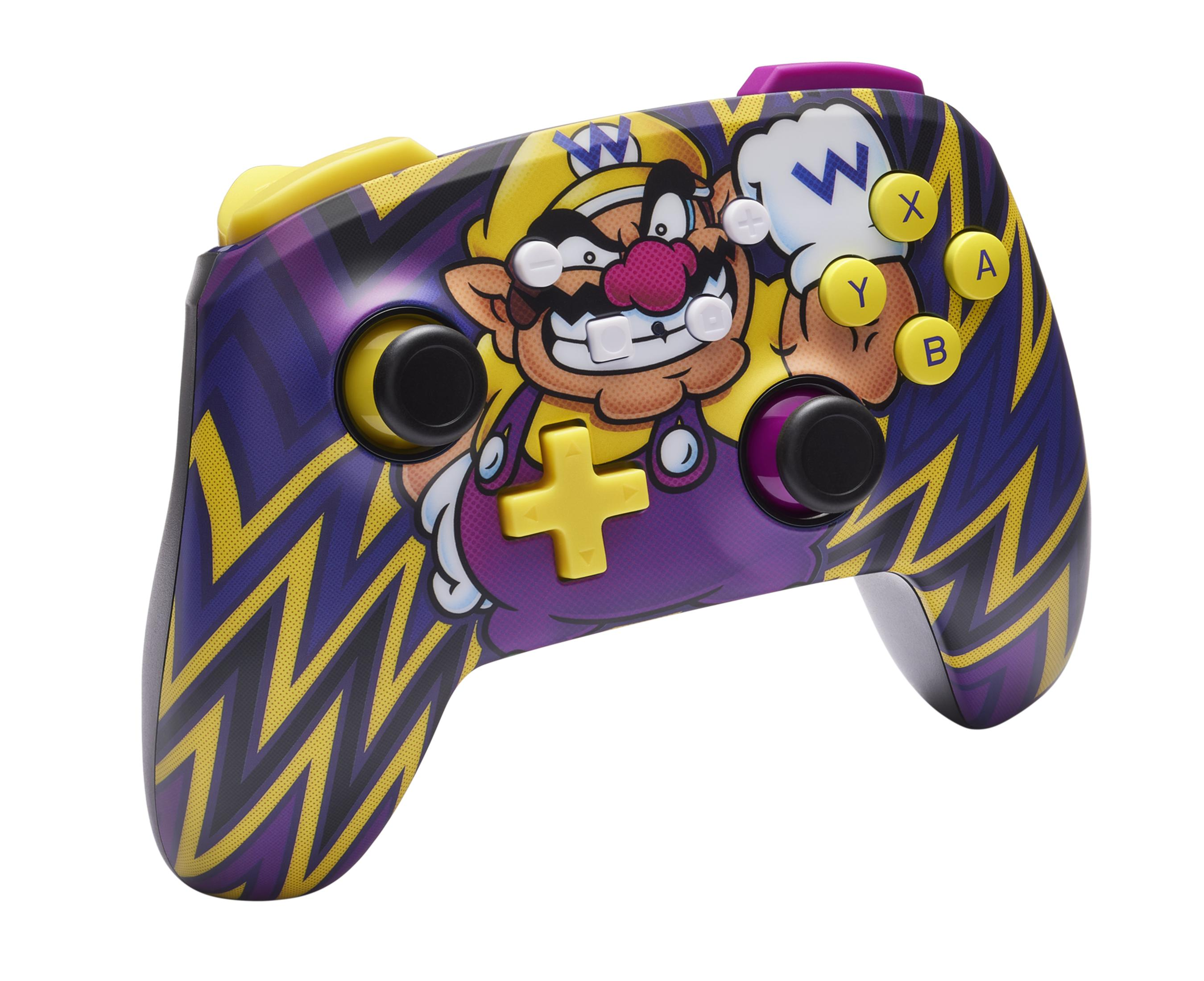 Wario-Gaming-Controller. Lila mit gelben Zickzacklinien, Wario-Gesicht, gelbe Knöpfe, weißer Hintergrund.