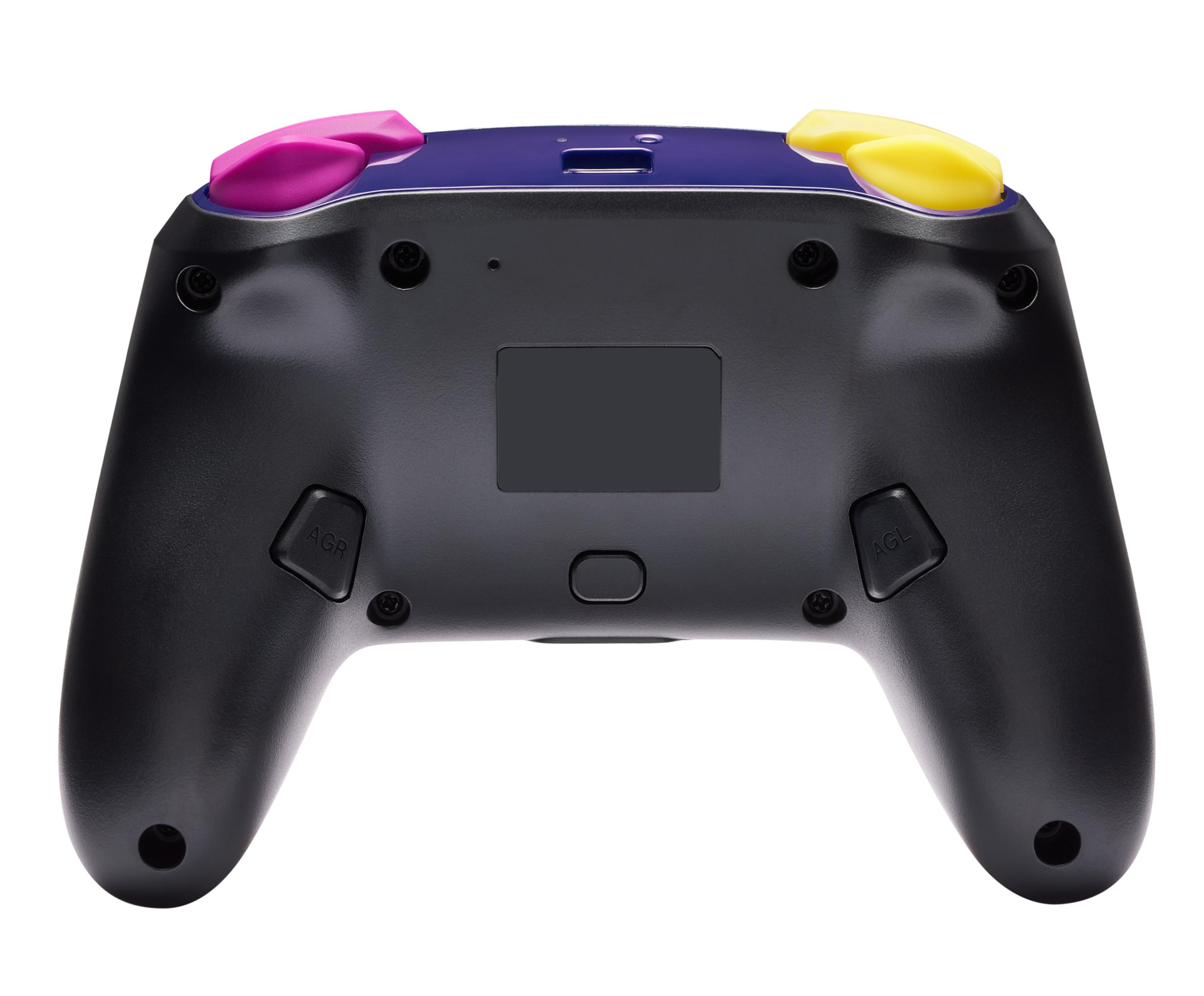 Rückansicht eines schwarzen Gamecontrollers mit bunten Knöpfen.