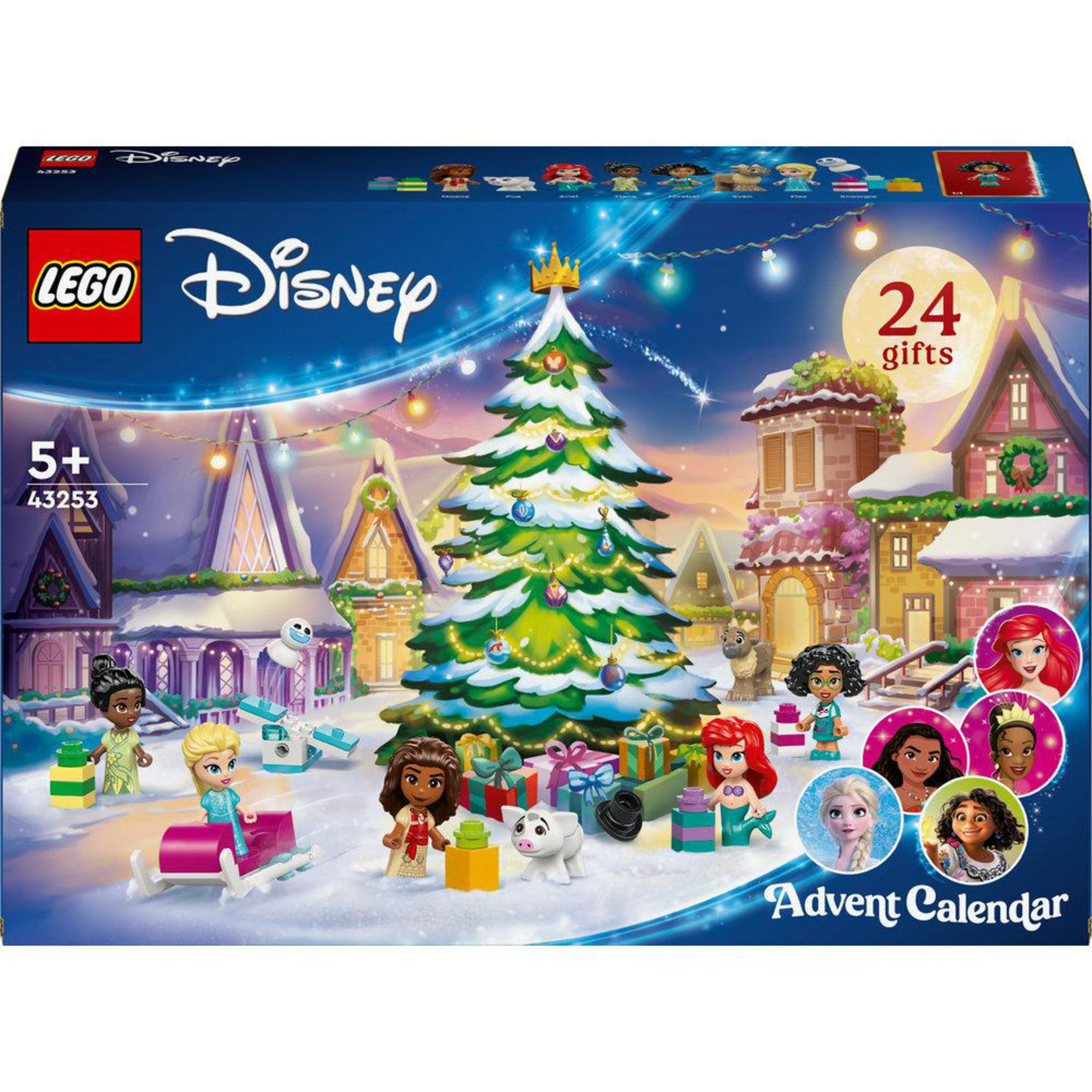 Caja del calendario de Adviento LEGO Disney. Presenta personajes y una escena navideña.
