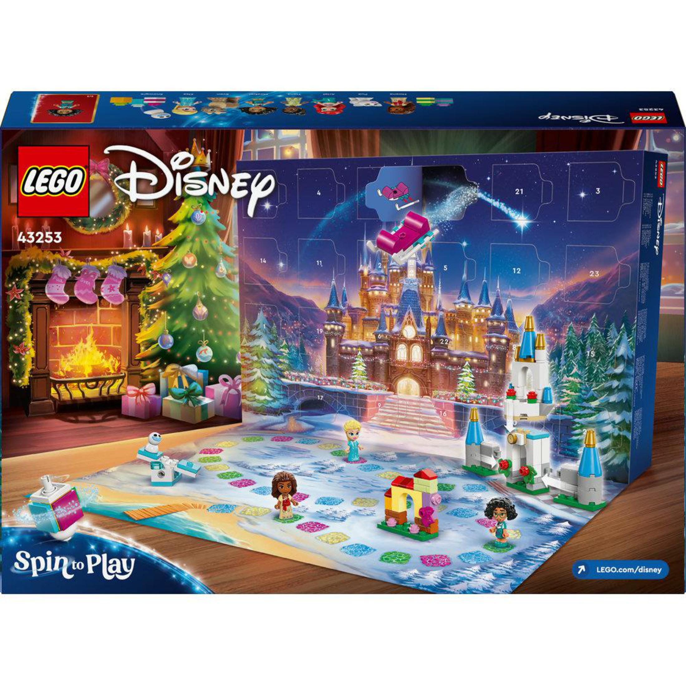 Caja del calendario de adviento LEGO Disney con una escena de castillo, personajes y un tablero de juego giratorio.