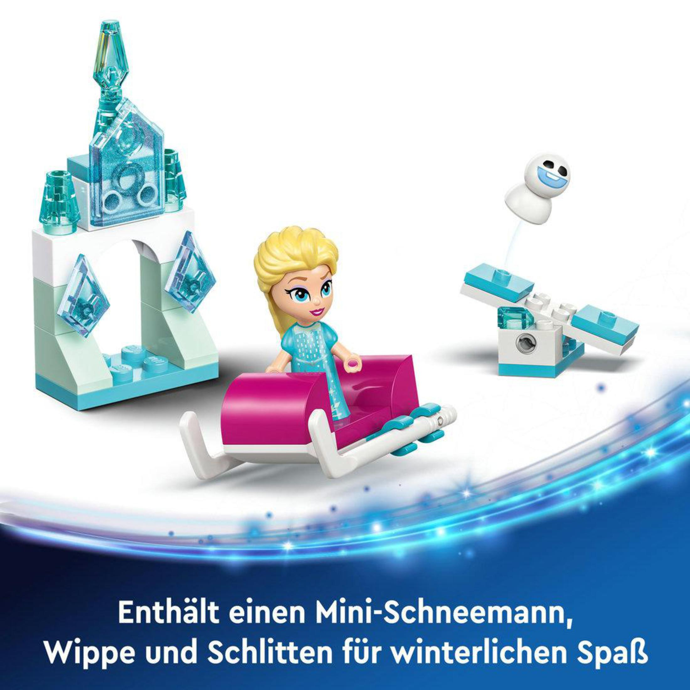 Set de Lego Frozen con Elsa en un trineo y un muñeco de nieve, sobre un fondo azul y blanco.