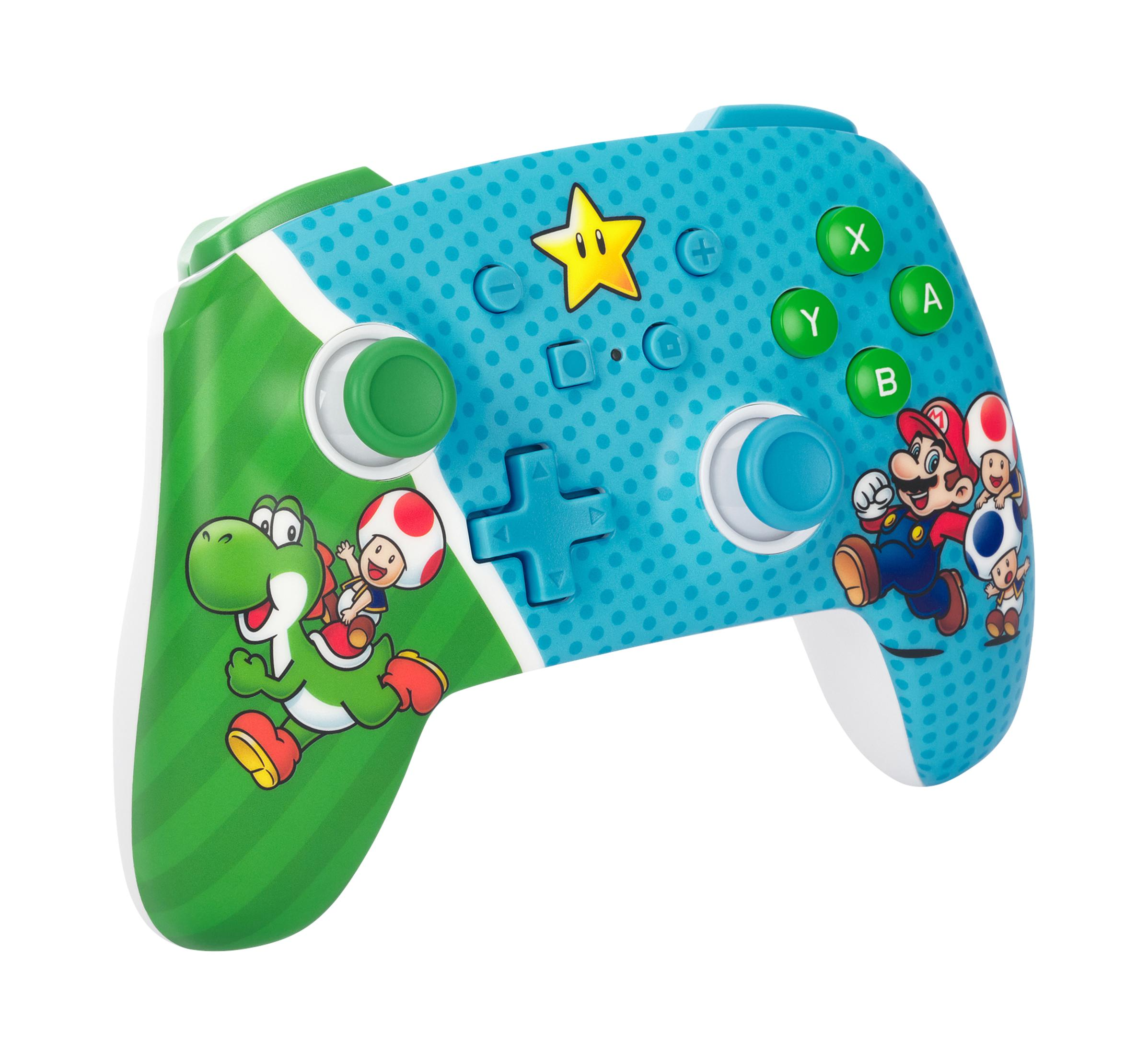 Nintendo Switch Controller mit Mario-Figuren, grünem und blauem Design.