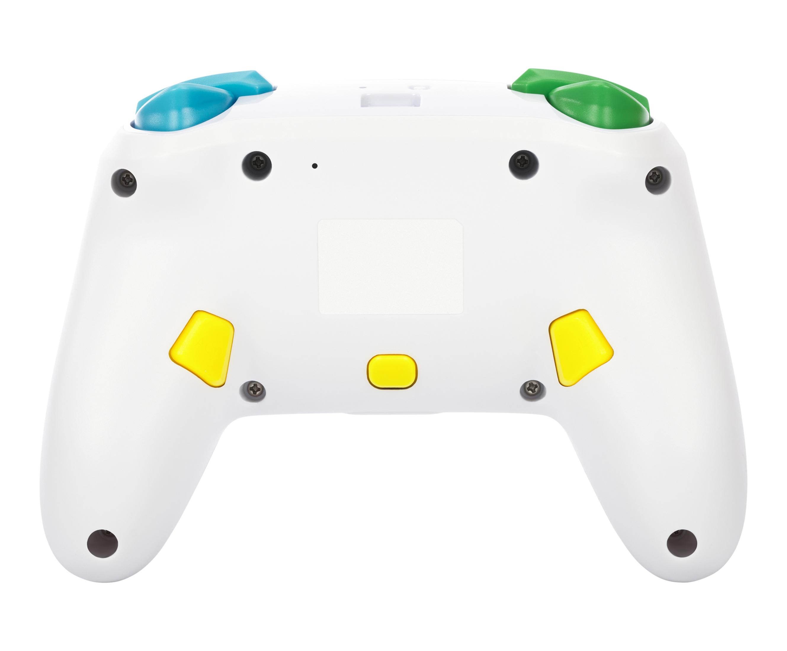 Rückseite eines weißen Gamepads mit farbigen Tasten und Richtungspads.