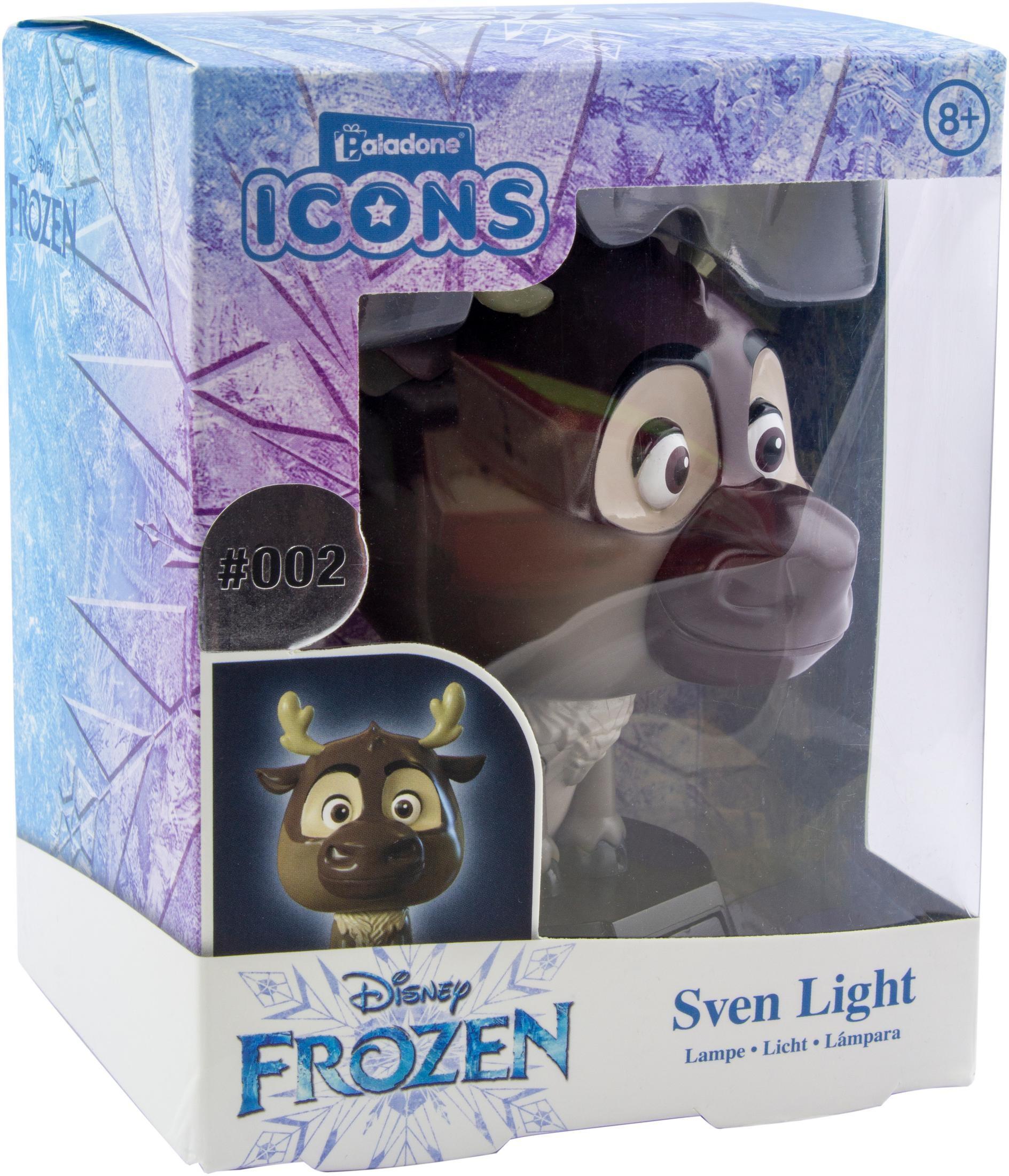 Sven-Licht aus Frozen in einer Box. Braunes Rentierspielzeug mit transparentem Kunststofffenster.