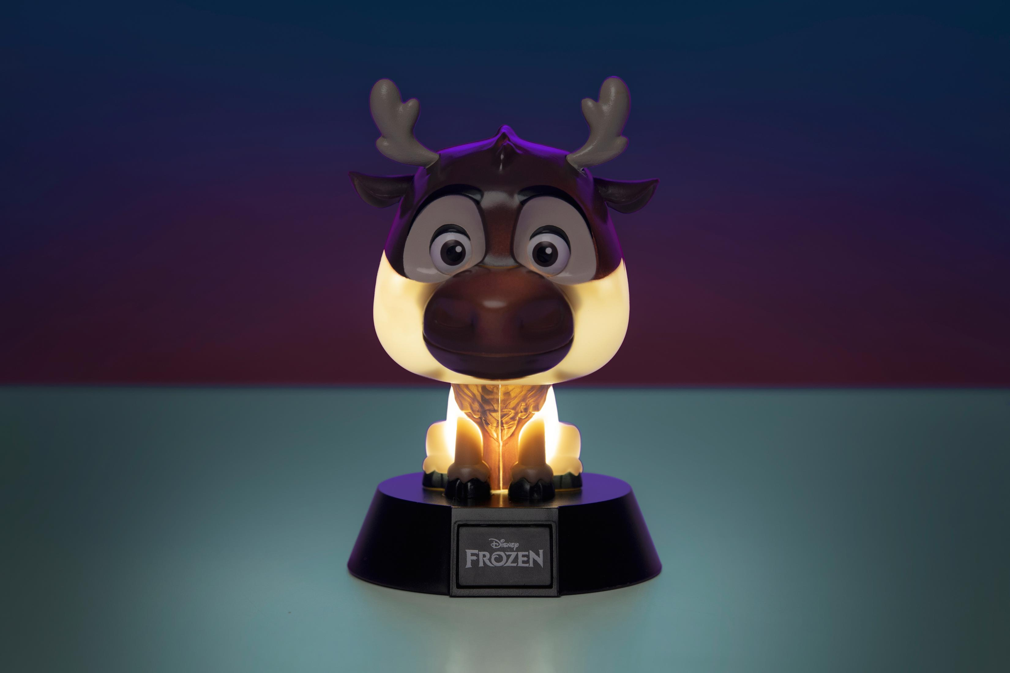 Rentierlampe mit gefrorener Basis. Braun und weiße Farbe. Lila und blauer Hintergrund.