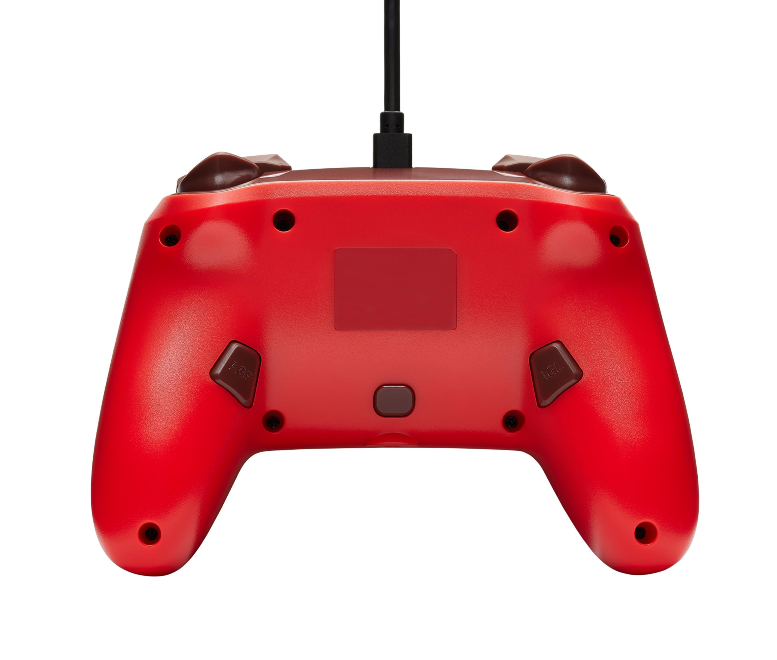 Rote Gamepad-Rückansicht. Zeigt Tasten und ein Kabel oben.