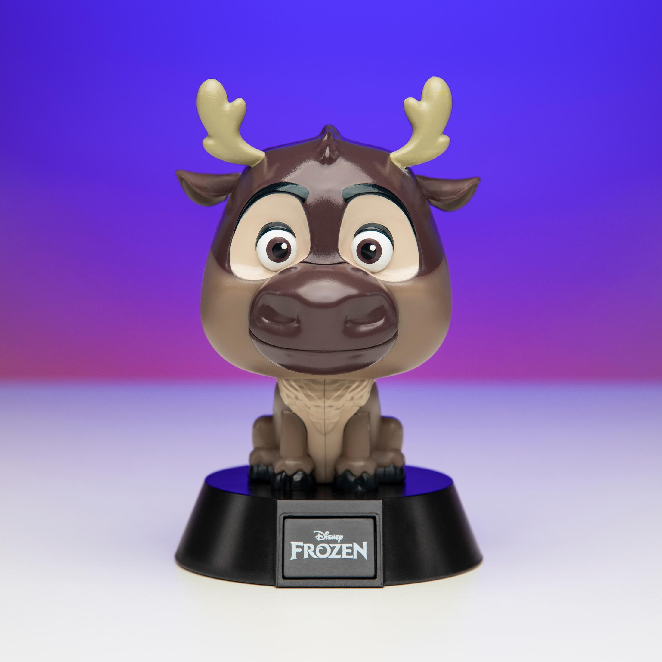 Rentierfigur aus dem Film Frozen auf schwarzer Basis. Es hat einen braunen Körper und große Augen.