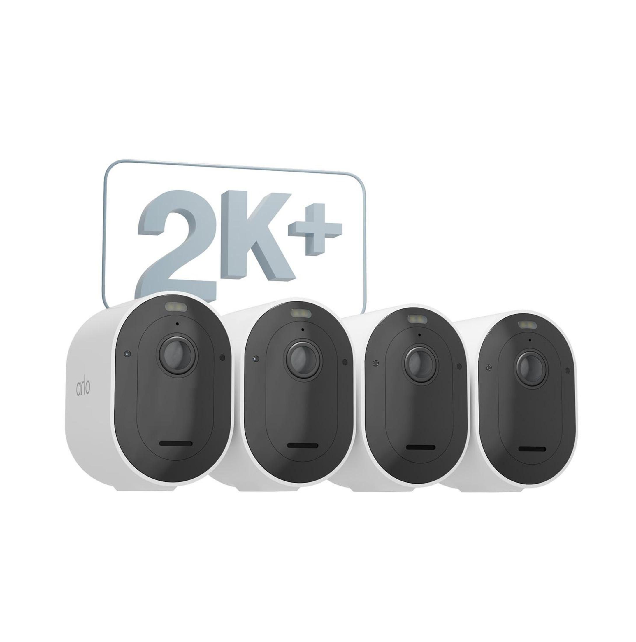 Cztery białe kamery bezpieczeństwa, czarne przody, ze znakiem 2K+. Białe tło.