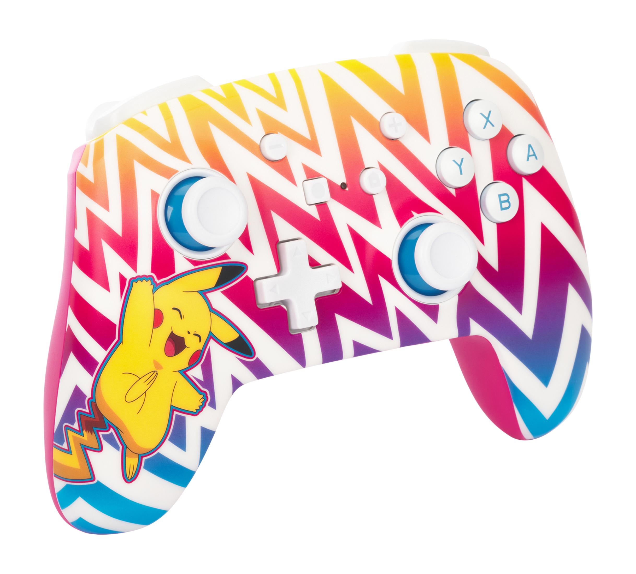Ein farbenfroher Pikachu-Gamecontroller mit Knöpfen und Joysticks.