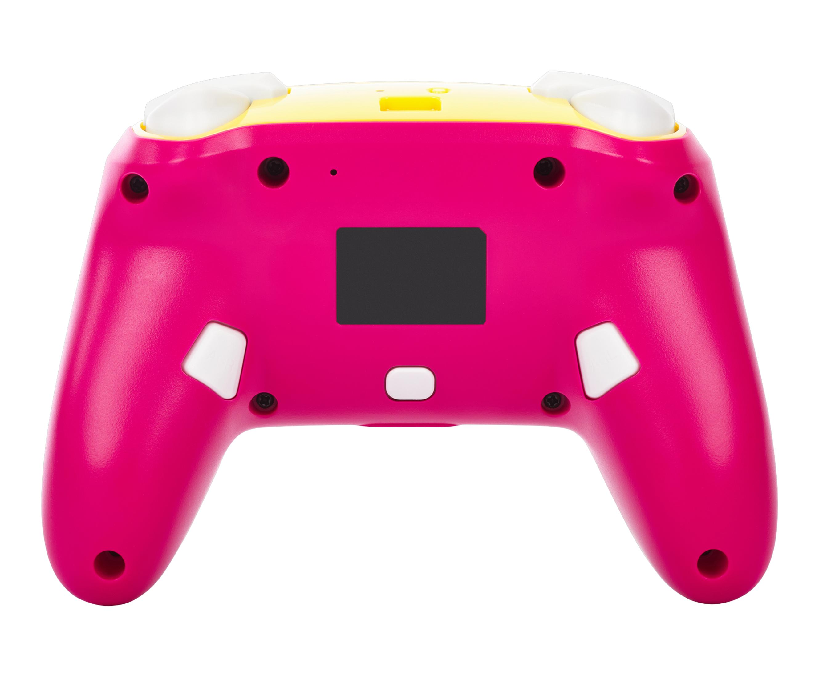 Rückseite eines pink-gelben Gamecontrollers mit Knöpfen, einem Bildschirm und weißen Steuerknüppeln, isoliert auf Weiß.